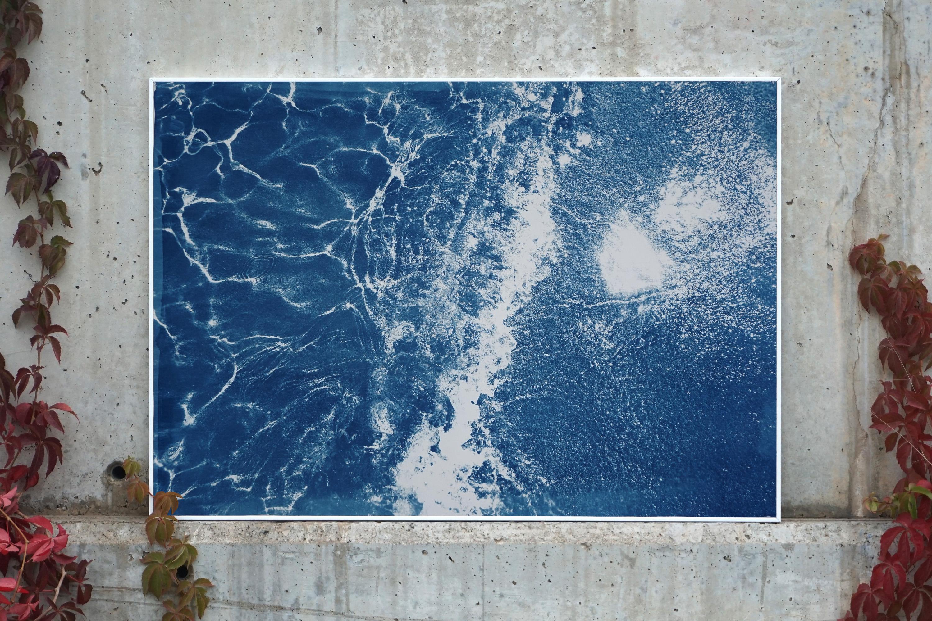 Peinture cyanotype en sable des Caraïbes sur papier aquarelle, Art de la maison de plage en bleu en vente 6