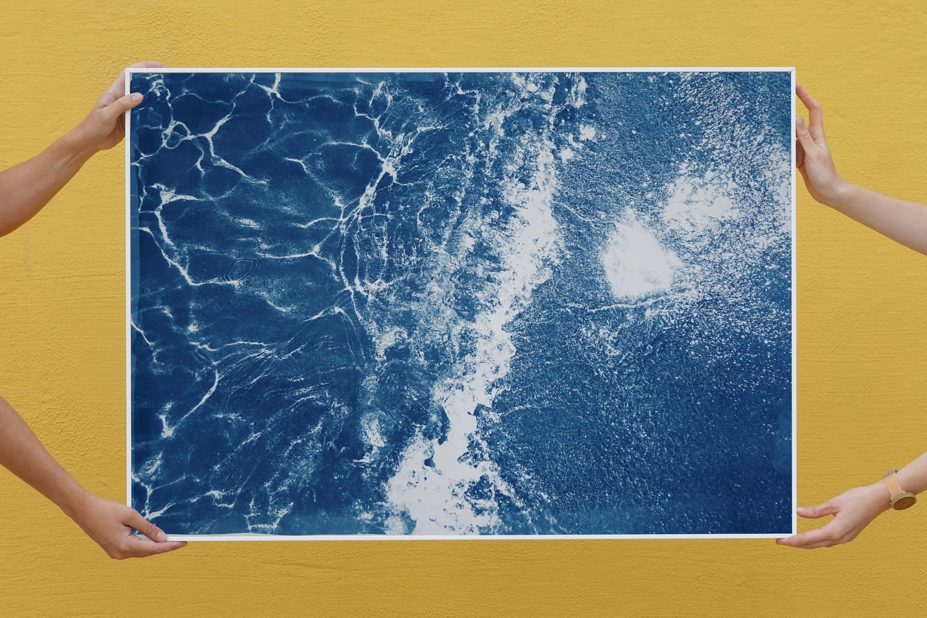 Peinture cyanotype en sable des Caraïbes sur papier aquarelle, Art de la maison de plage en bleu en vente 3