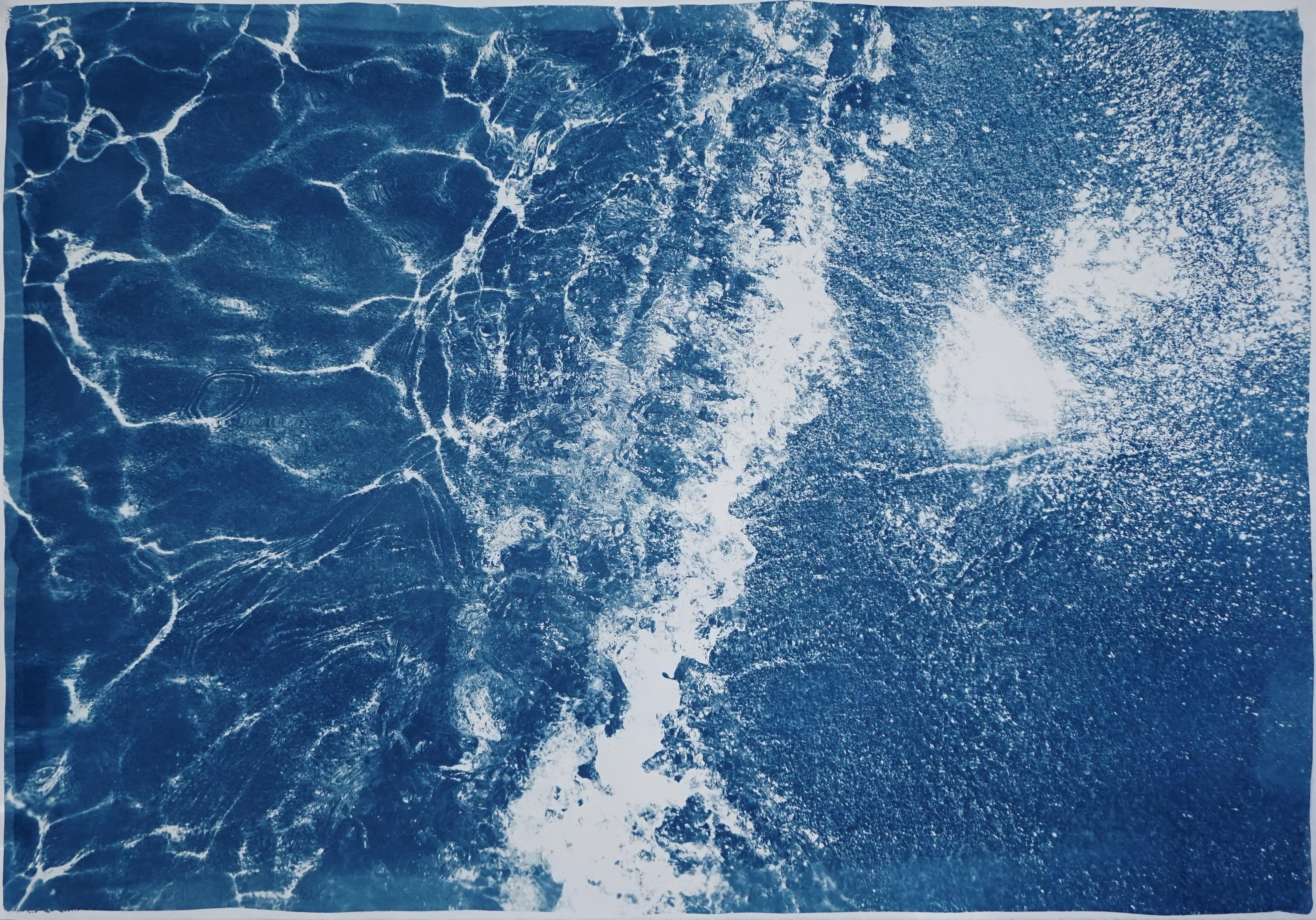 Orilla arenosa del Caribe, Cianotipia sobre papel de acuarela, Arte de casa de playa en azul