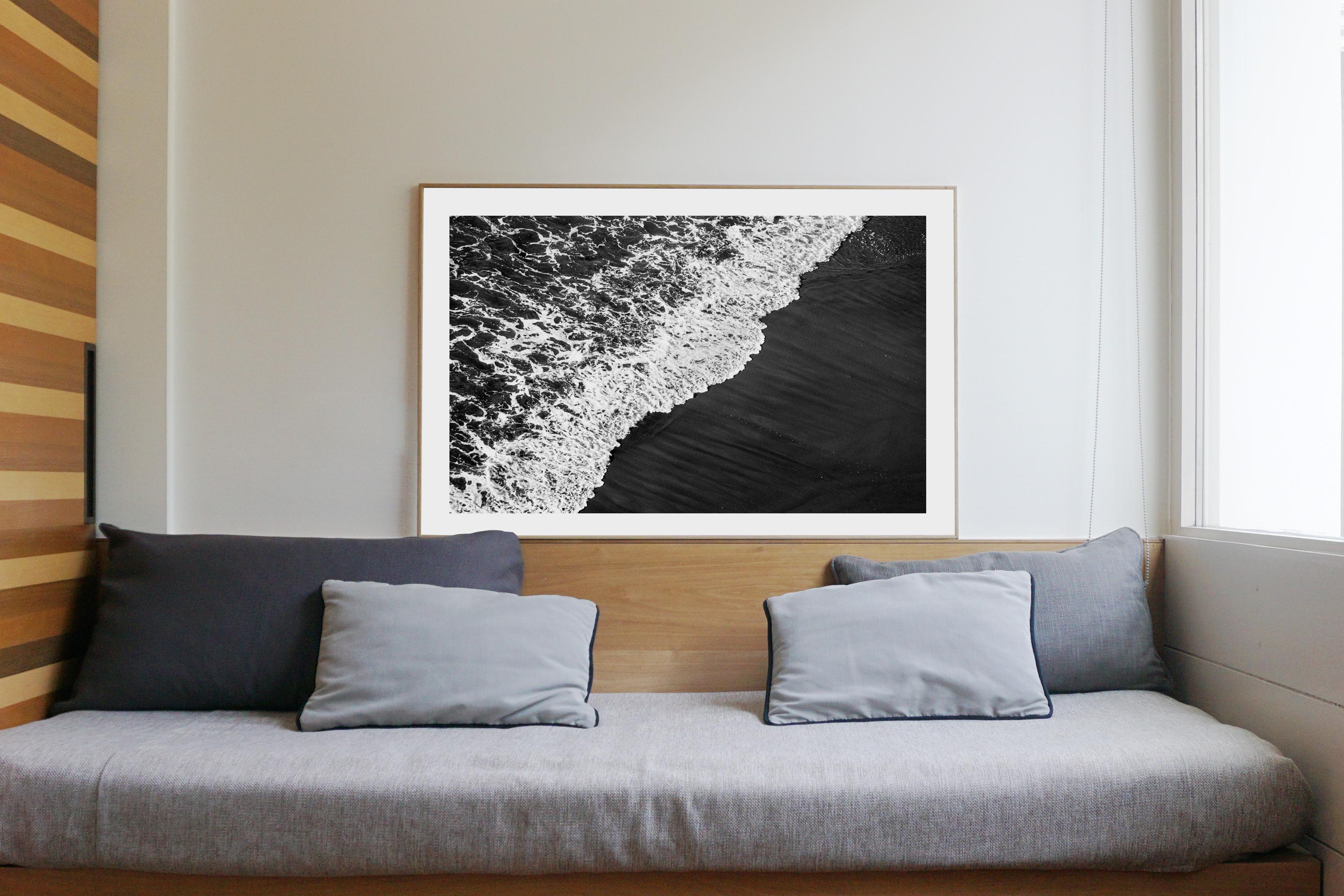 Deep Black Sandy Shore, Black and White Seascape, Smooth Wave Reaching the Coast For Sale 2