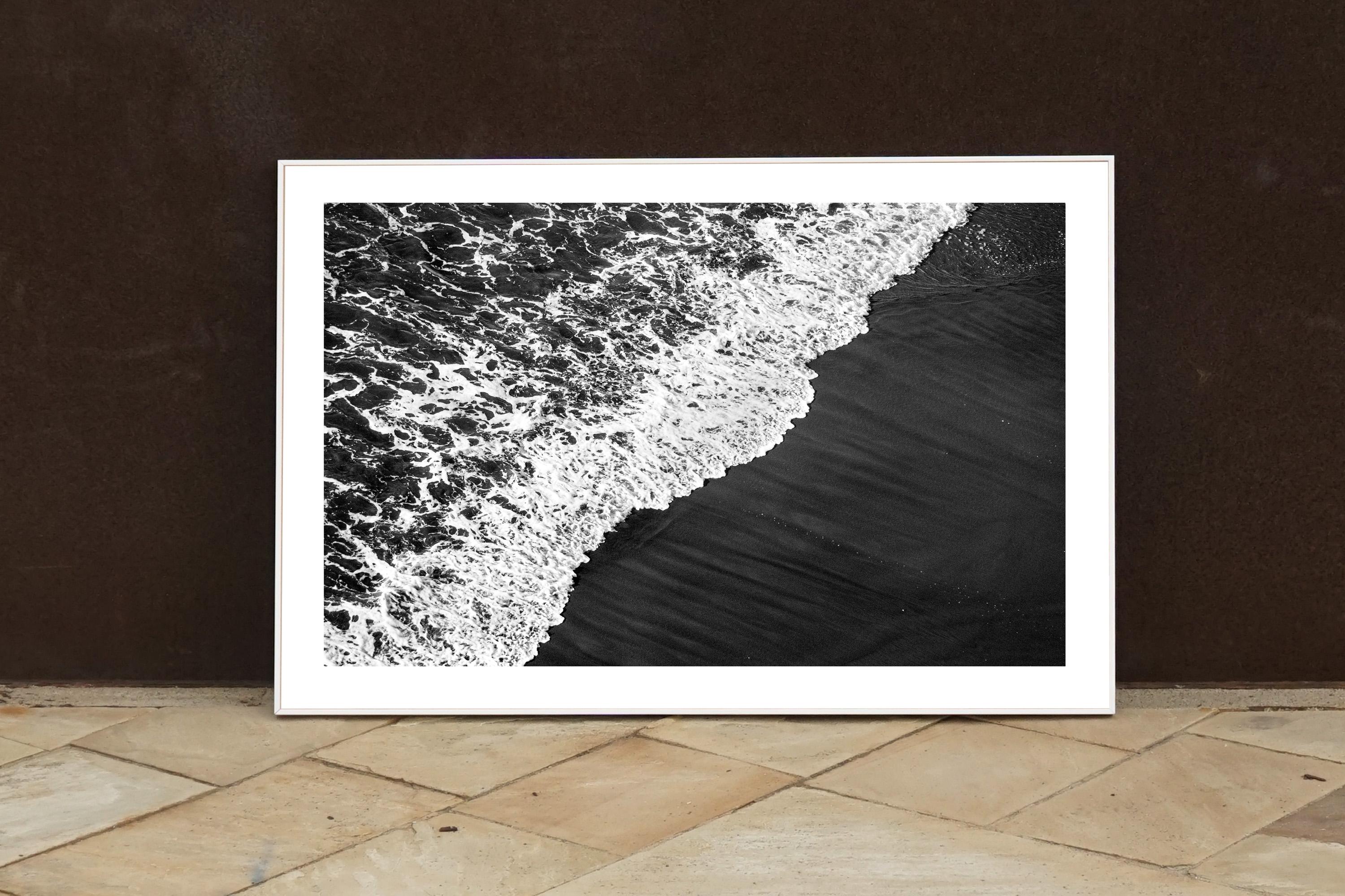 Deep Black Sandy Shore, Black and White Seascape, Smooth Wave Reaching the Coast For Sale 3