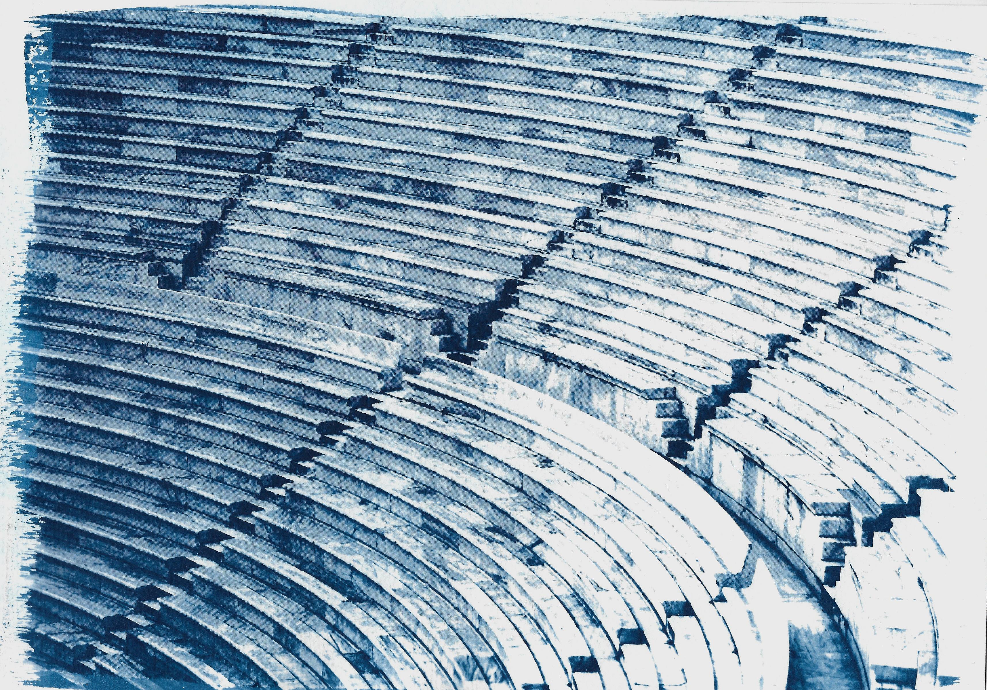 Diptych of Ancient Theatres, Blue Tones Cyanotype, Greek and Roman Architecture For Sale 3