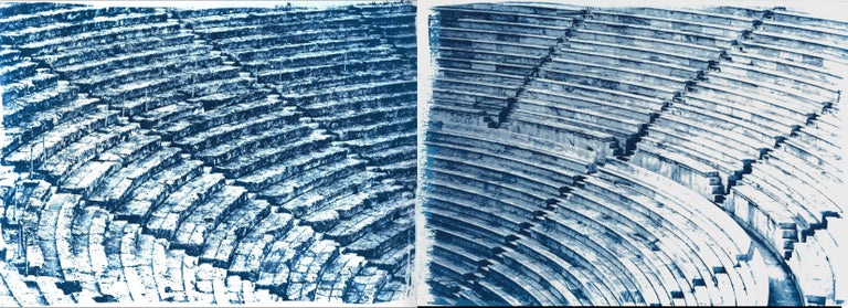Kind of Cyan Landscape Photograph - Diptych of Ancient Theatres, Handmade Cyanotype, Greek and Roman Architecture