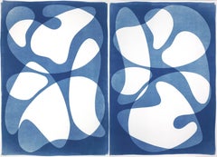 Diptych of Curved Geometry, Cutout Layers Cyanotype Duo, Midcentury Blue Shapes