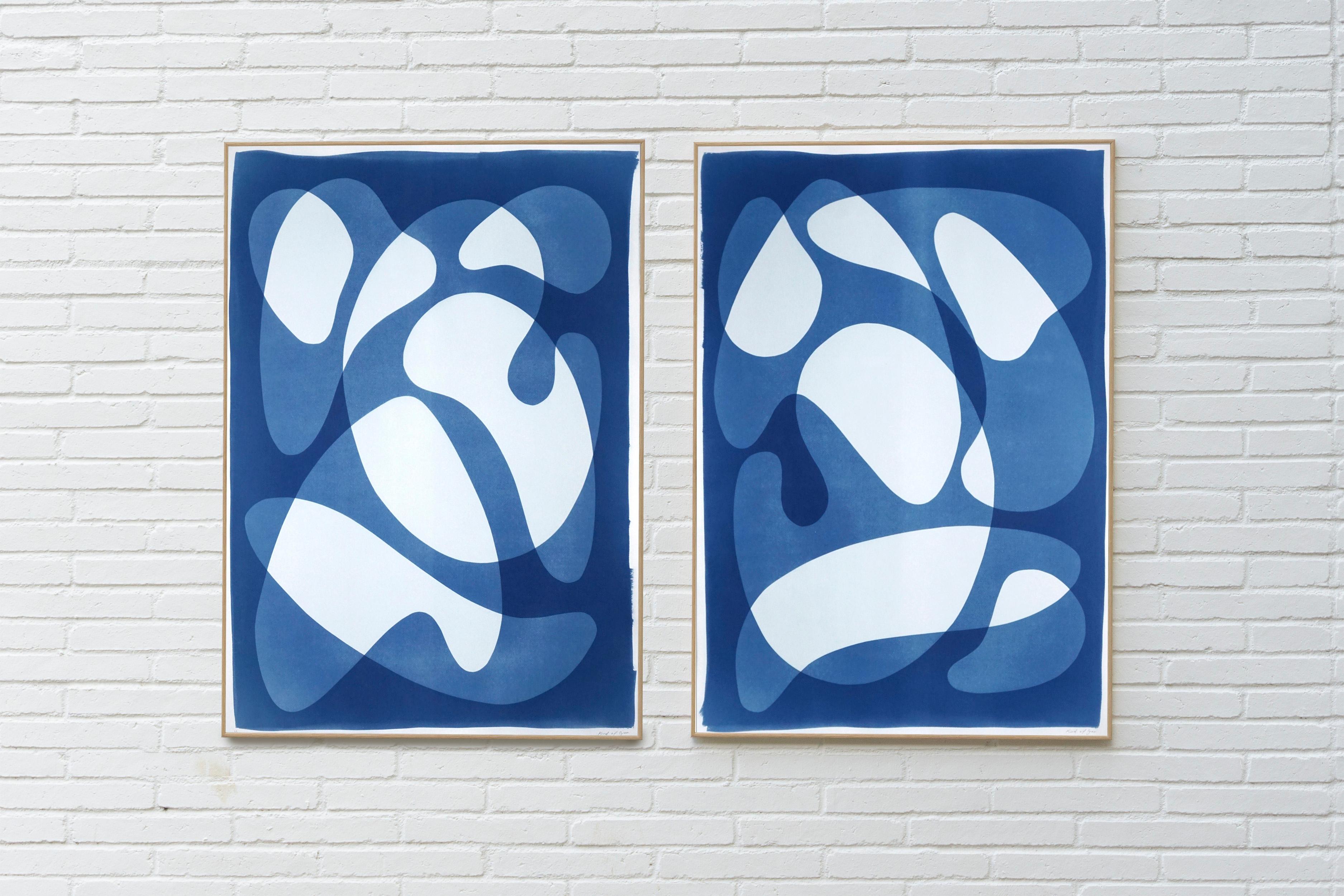 Diptych of Curved Geometry, Cutout Shapes and Shadows, Avant Garde Blue Tones 2