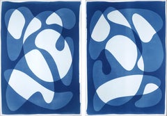 Diptych of Curved Geometry, Cutout Shapes and Shadows, Avant Garde Blue Tones