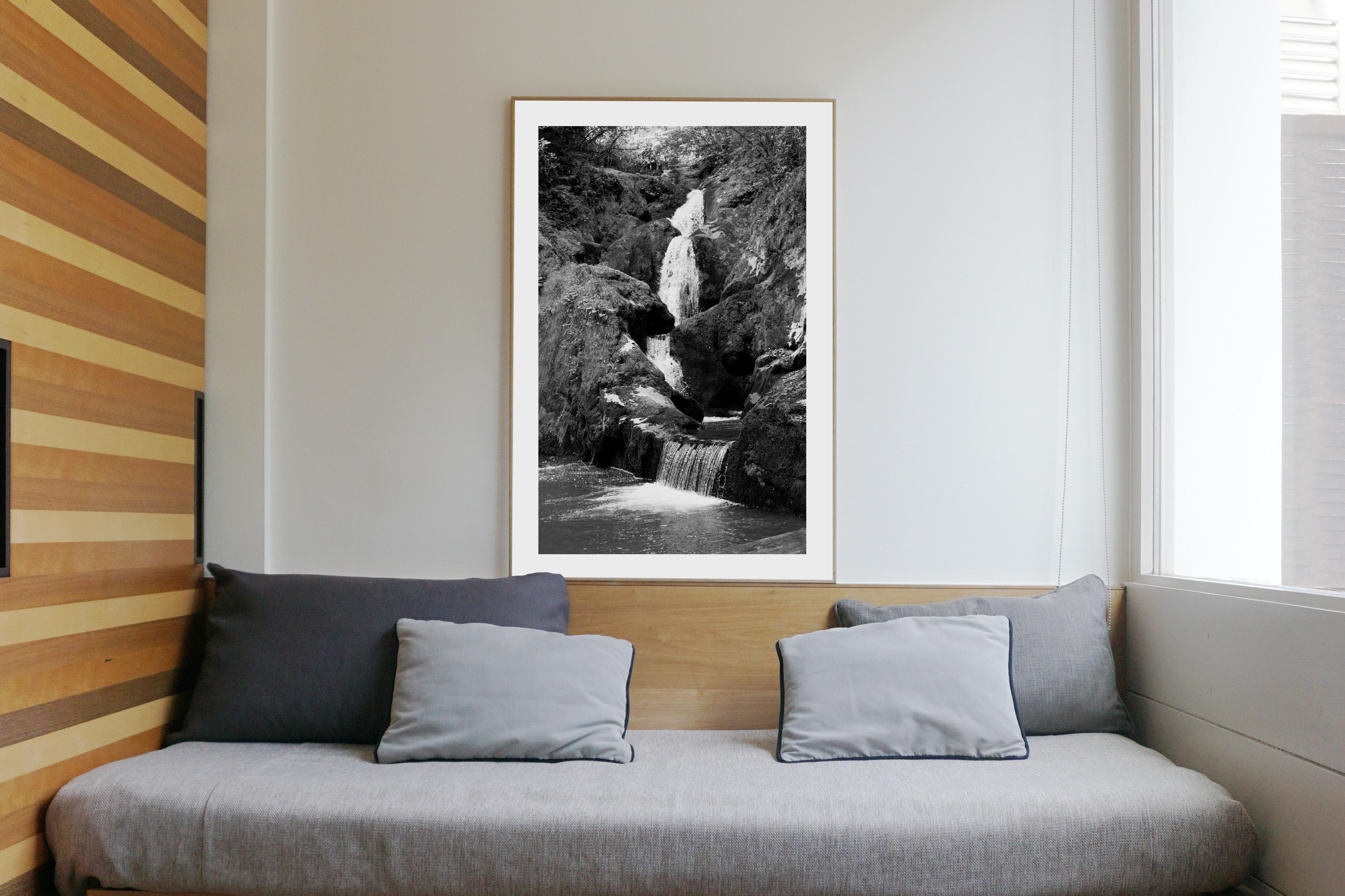 Vertical Black and White Giclée of Zen Forest Waterfall, Landscape, Feng Shui - Photograph by Kind of Cyan