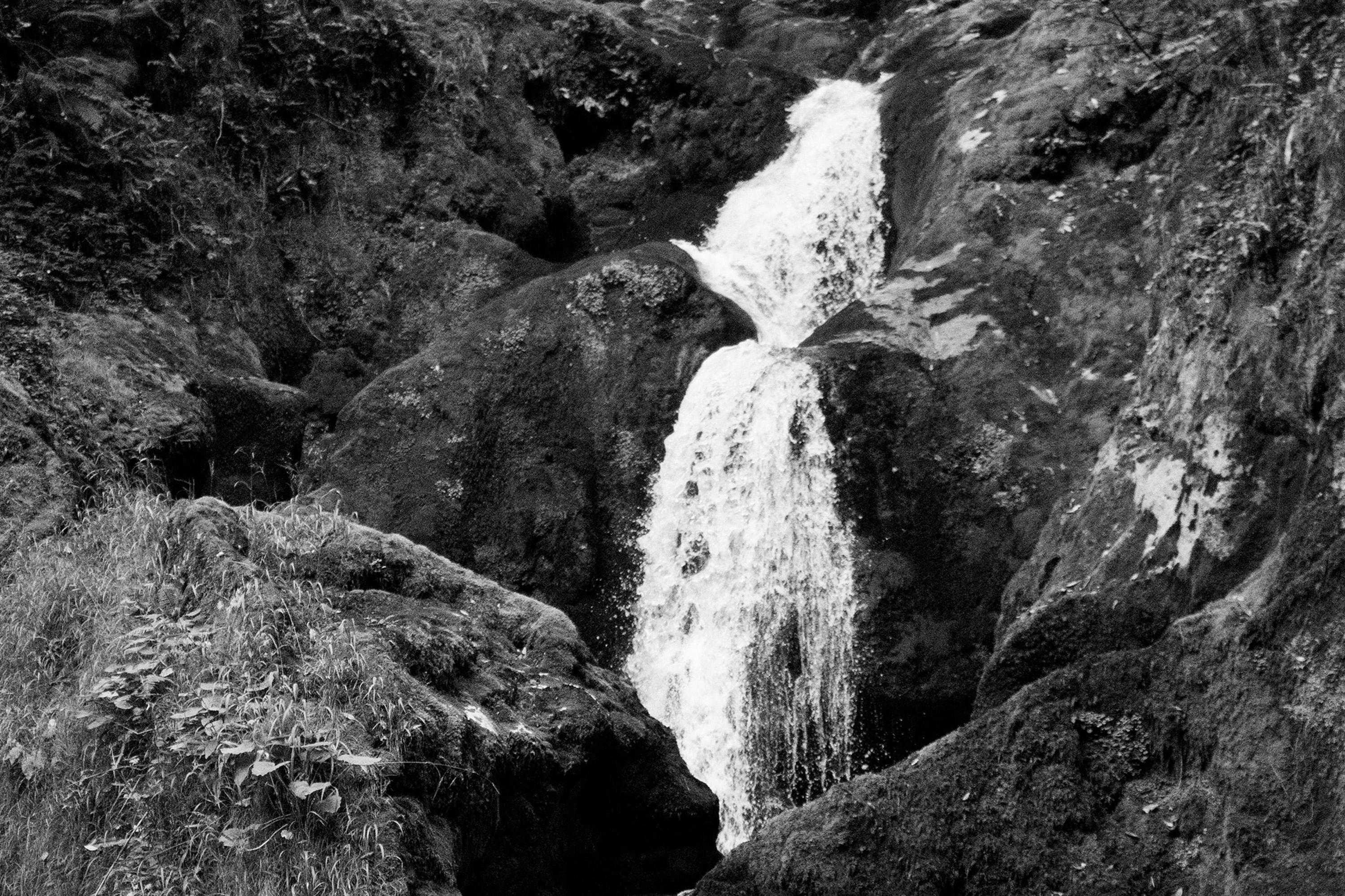 Vertikales Schwarz-Weiß-Giclée von Zen Forest Wasserfall, Landschaft, Feng Shui im Angebot 1