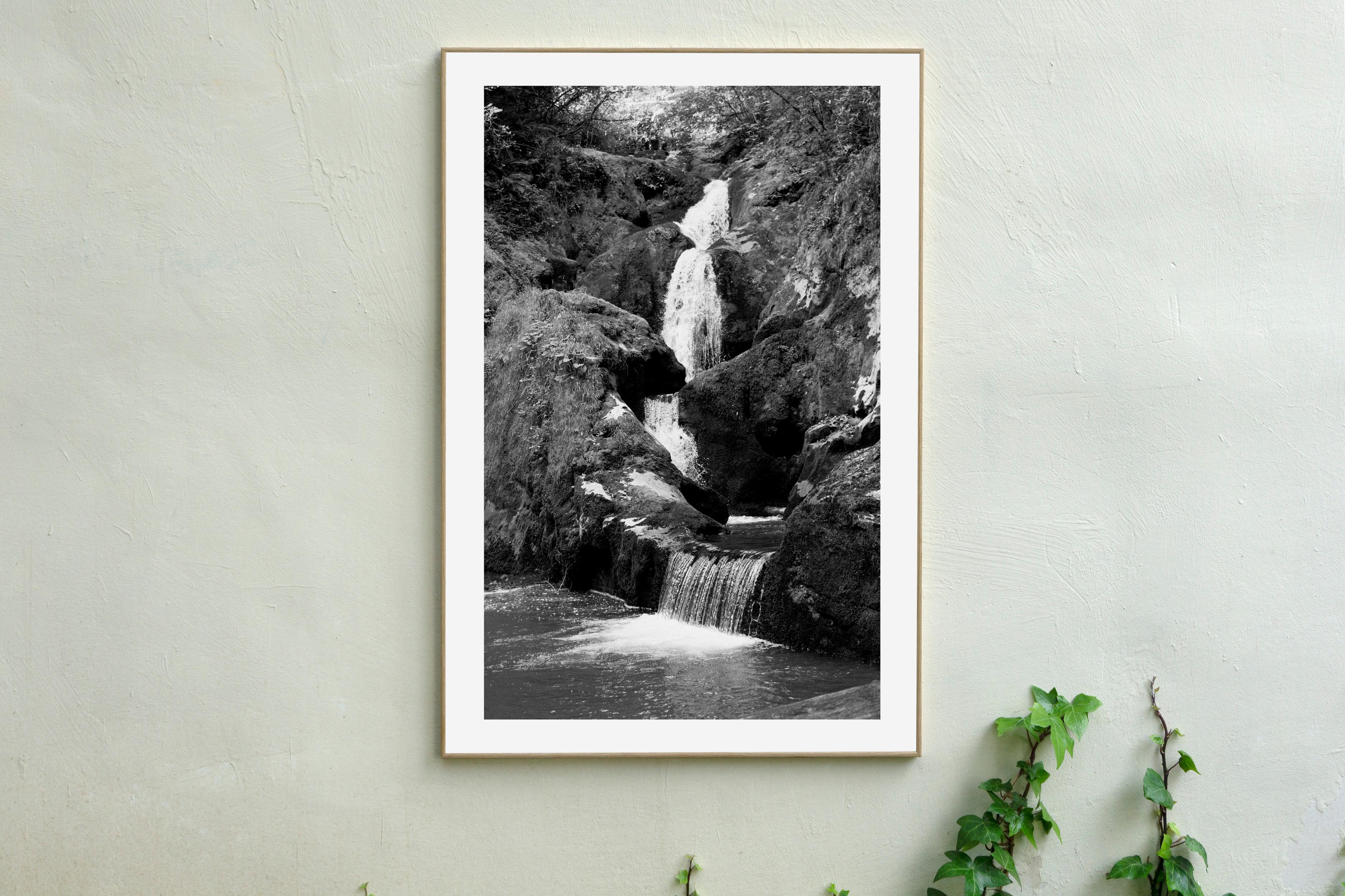 Vertical Black and White Giclée of Zen Forest Waterfall, Landscape, Feng Shui - Realist Photograph by Kind of Cyan