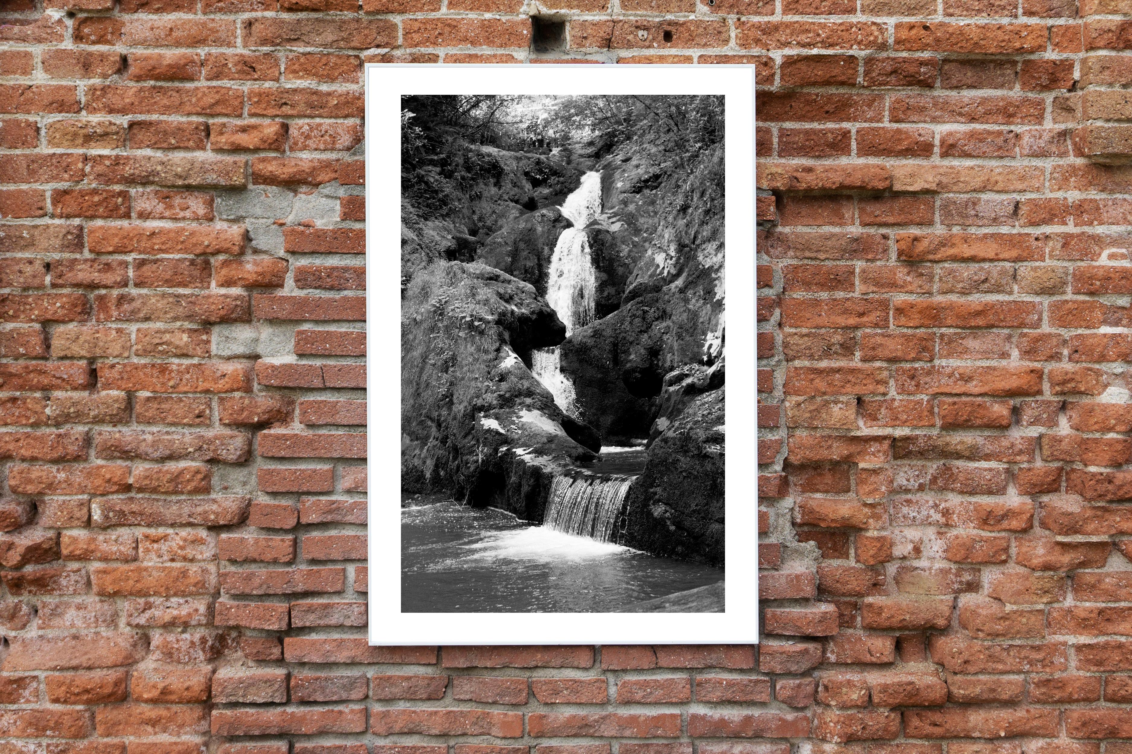Vertikales Schwarz-Weiß-Giclée von Zen Forest Wasserfall, Landschaft, Feng Shui im Angebot 3