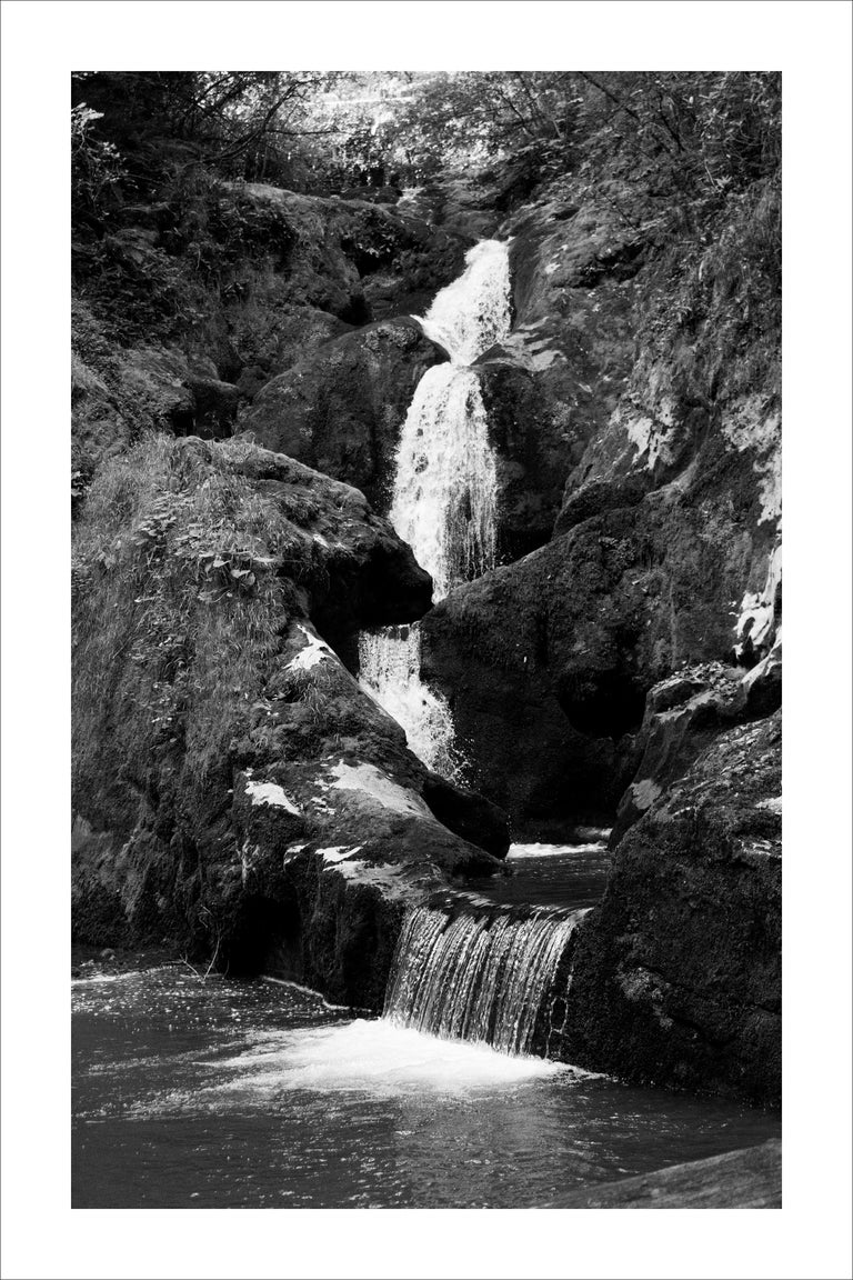 Kind of Cyan Landscape Photograph - Extra Large Black and White Giclée Print of Zen Forest Waterfall, Landscape 