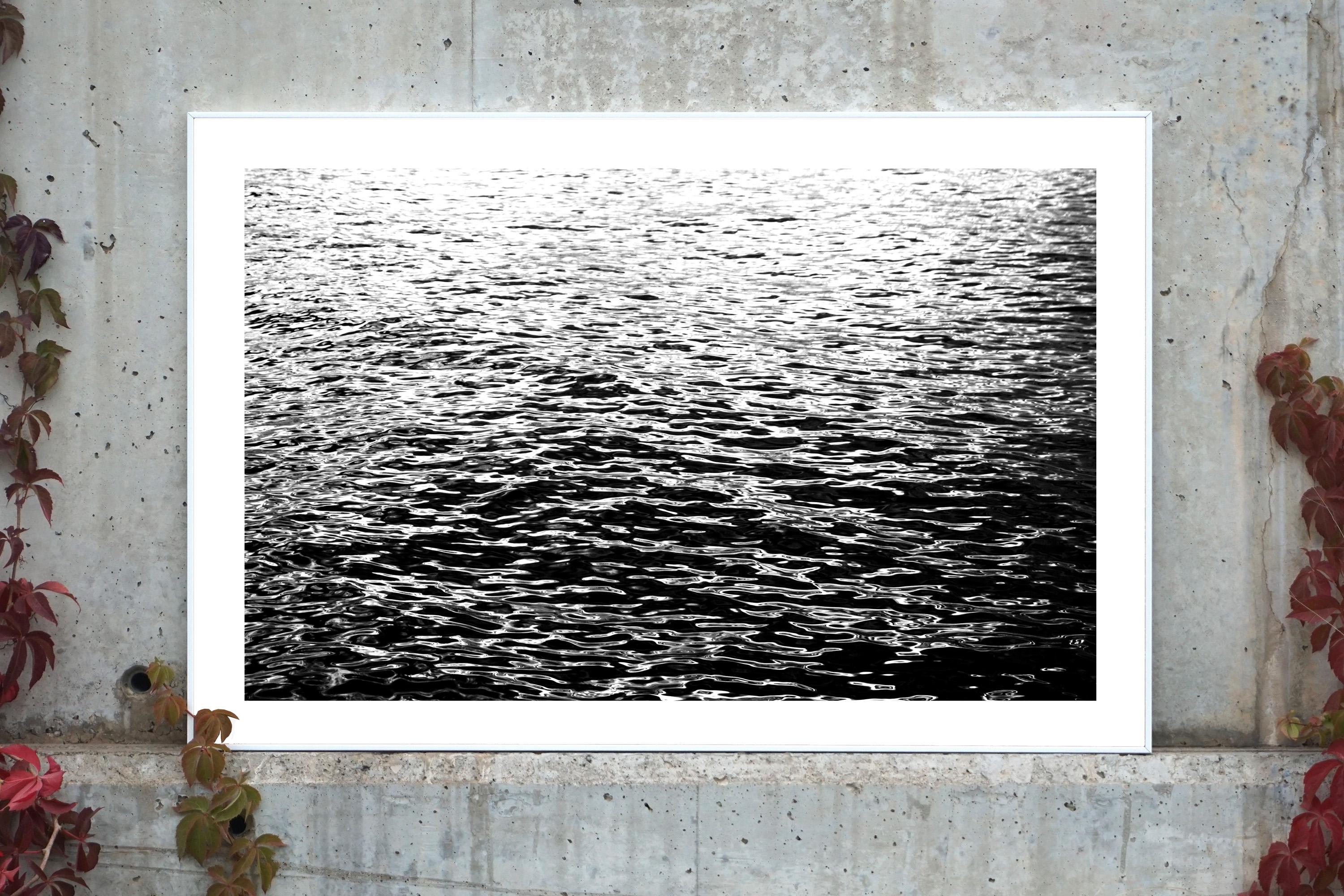 Large Black and White Seascape of Calming Sea Ripples, Abstract Water Reflection - Photograph by Kind of Cyan