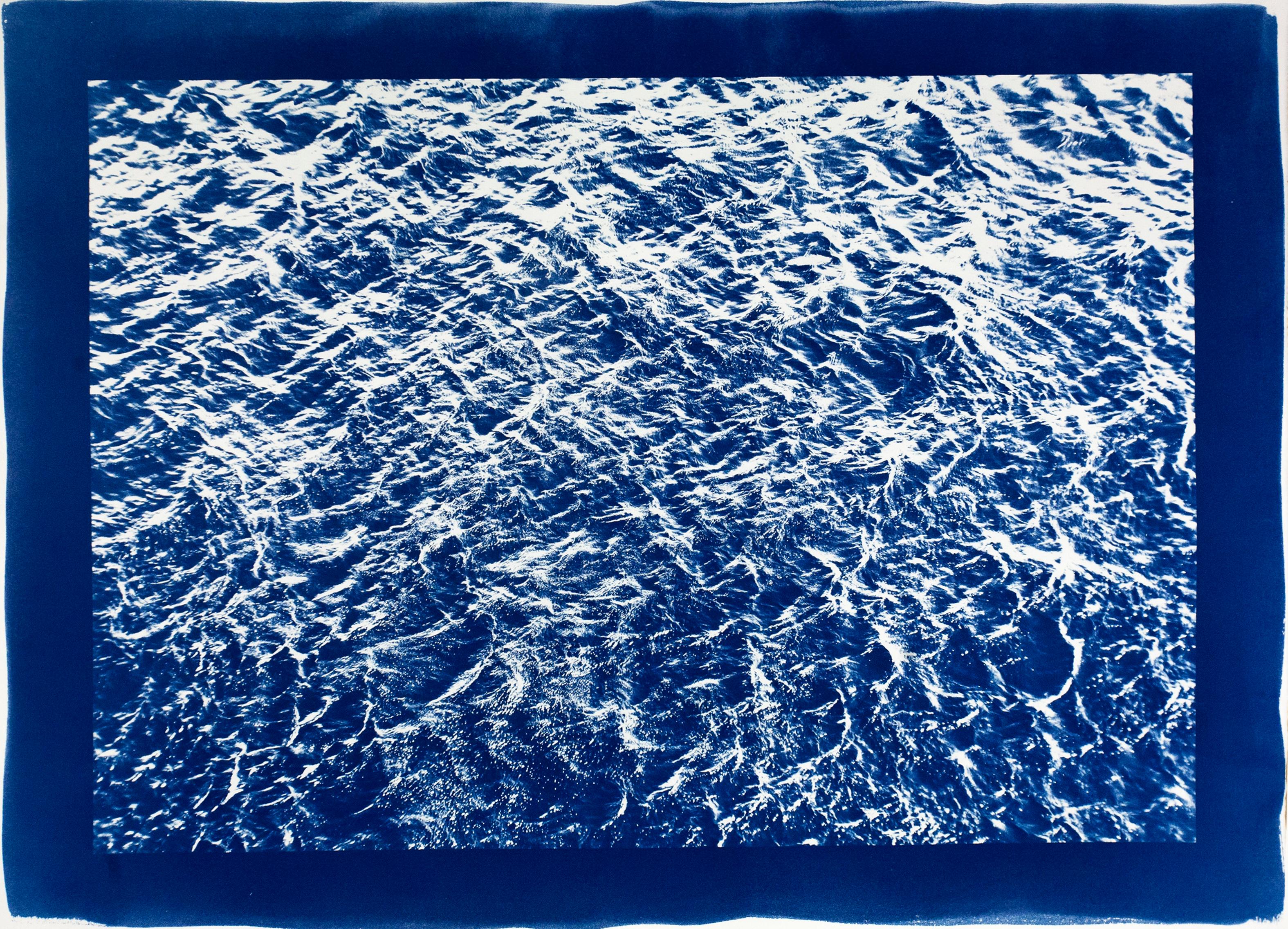 Extra Large Cyanotype Seascape of Pacific Ocean Currents, Nautical Blue & White