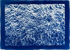 Très grand paysage marin cyanotype représentant des courants d'océan Pacifique, bleu et blanc nautique