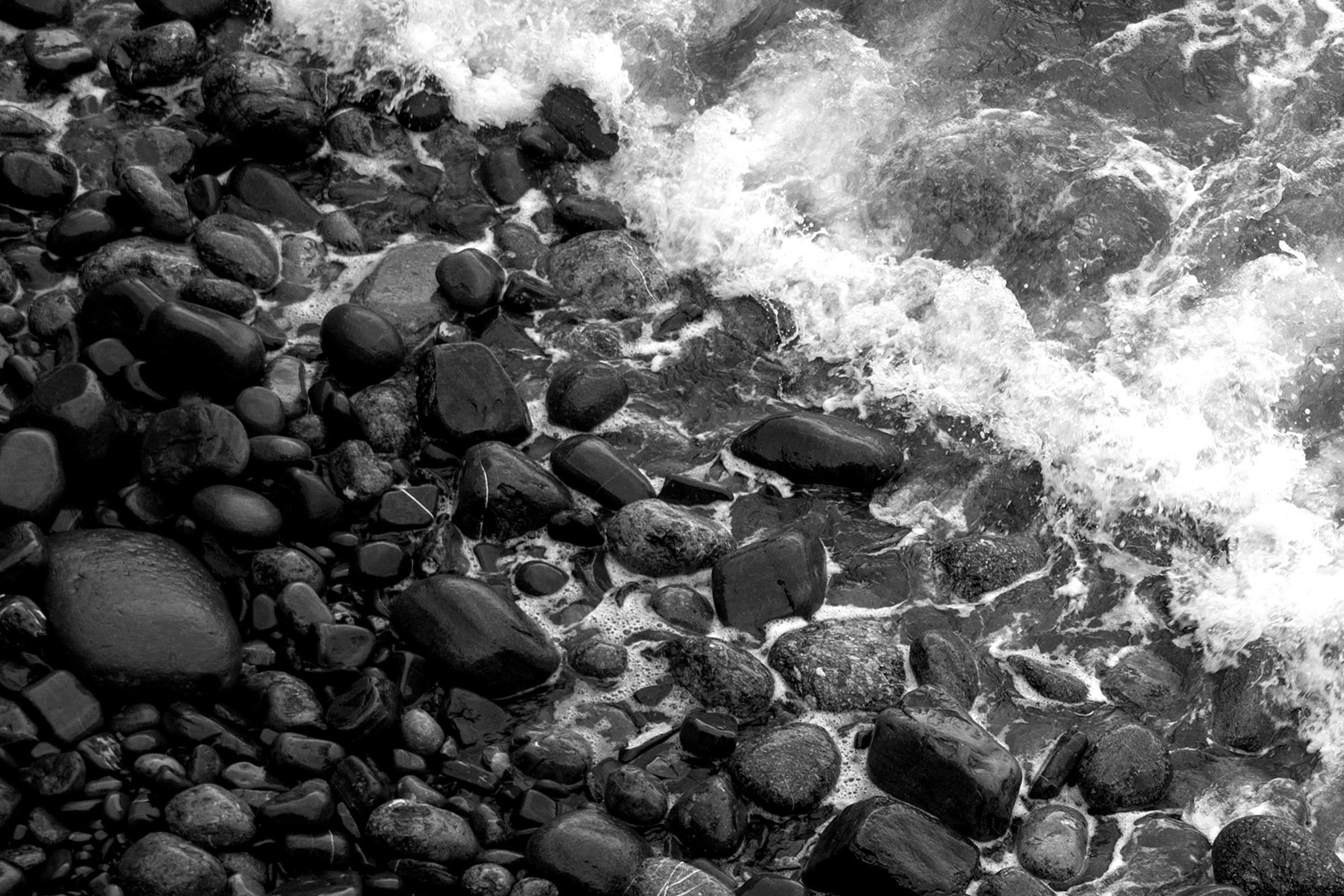 Black & White Shoreline of British Pebble Beach, Horizontal Seascape, Zen Waves  - Realist Photograph by Kind of Cyan