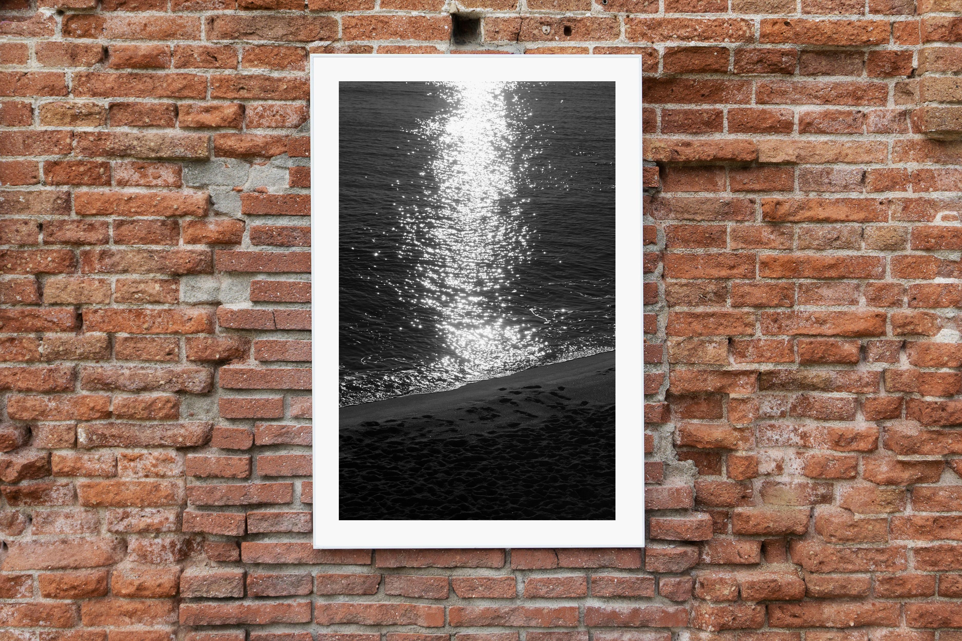 Black and White Seascape of Dark Beach Sunrise, Classic Nautical Print of Shore - Photograph by Kind of Cyan
