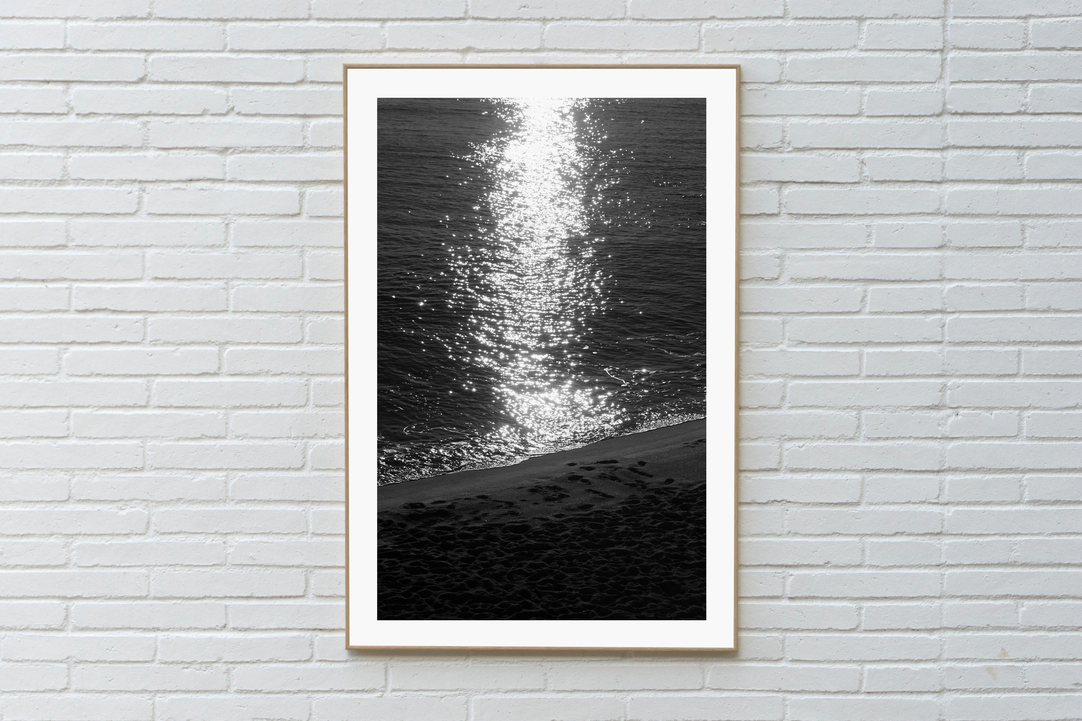 Black and White Seascape of Dark Beach Sunrise, Classic Nautical Print of Shore - Realist Photograph by Kind of Cyan