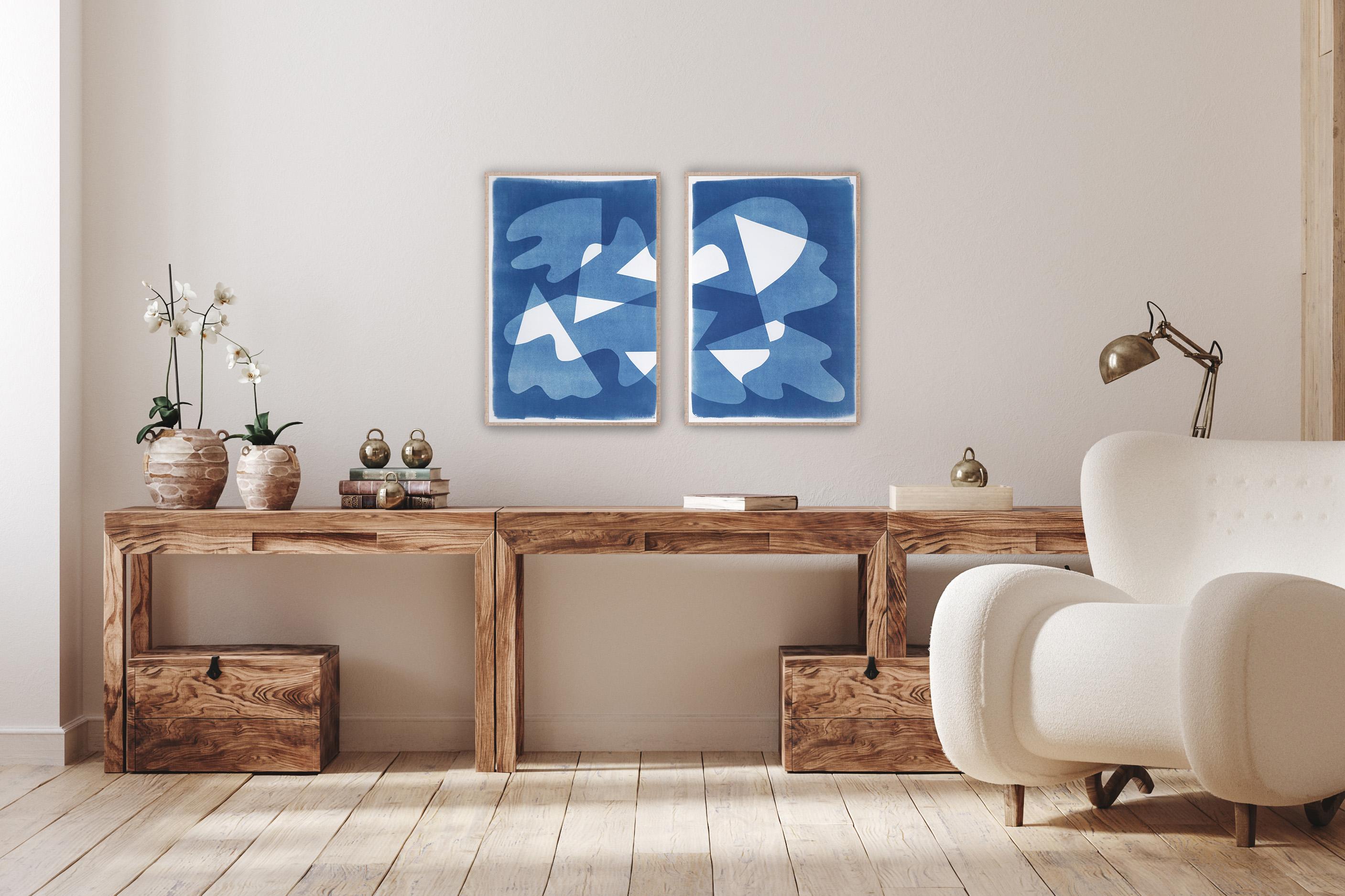 Frozen Puddles, Abstract Waters Diptych, Cutout Monotype in Blue and White, 2022 - Print by Kind of Cyan