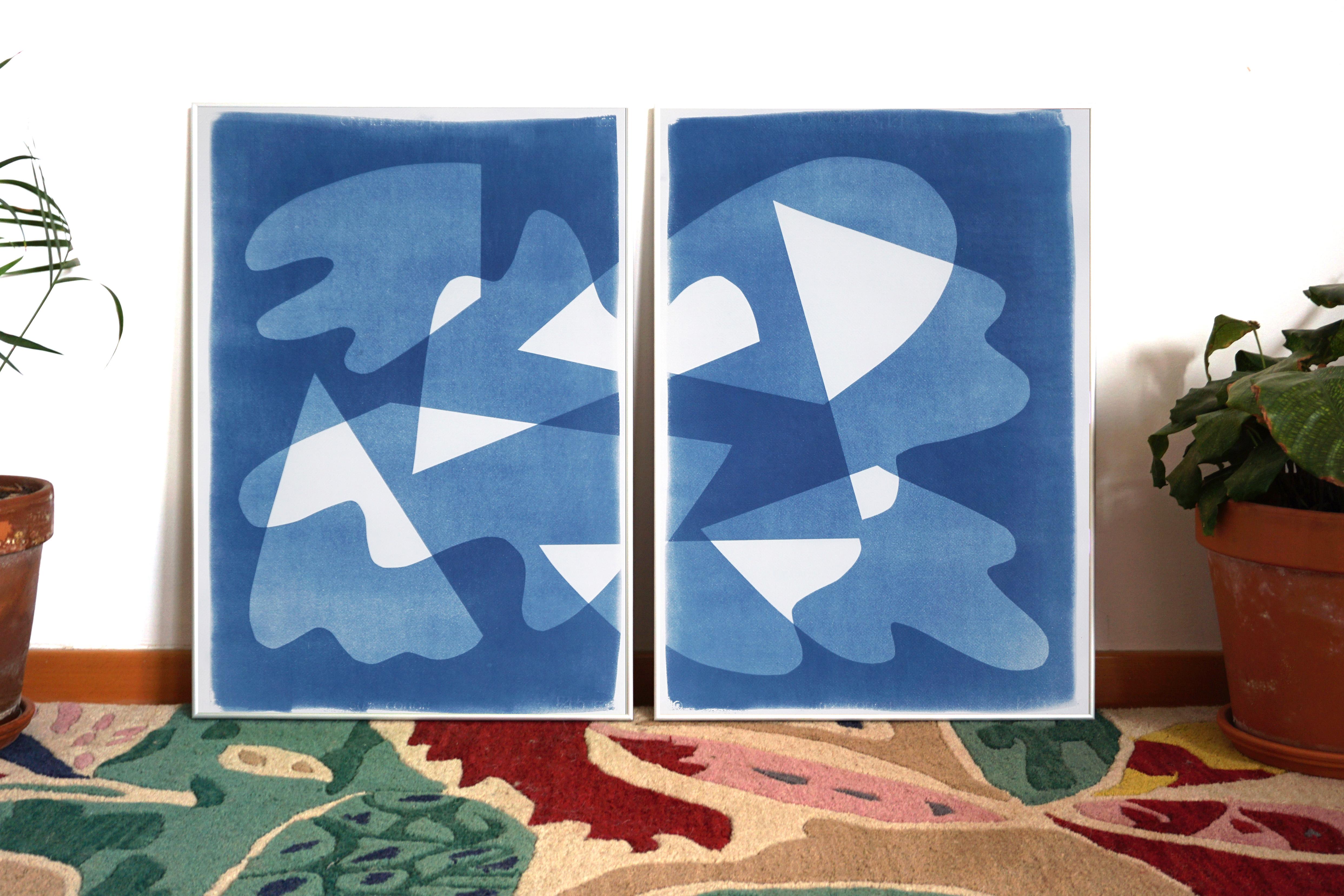 Frozen Puddles, Abstract Waters Diptych, Cutout Monotype in Blue and White, 2022 4