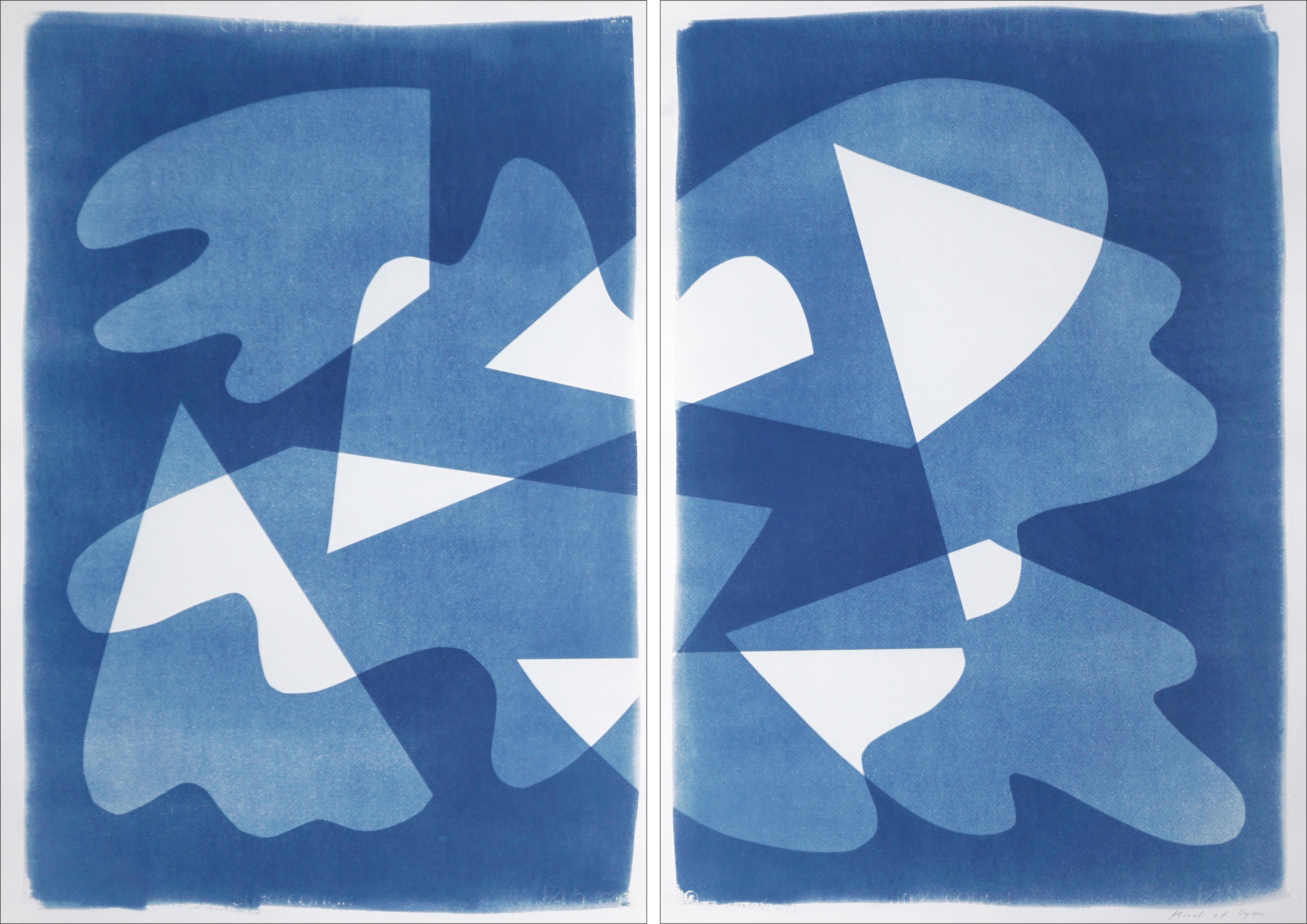 Frozen Puddles, Abstract Waters Diptych, Cutout Monotype in Blue and White, 2022