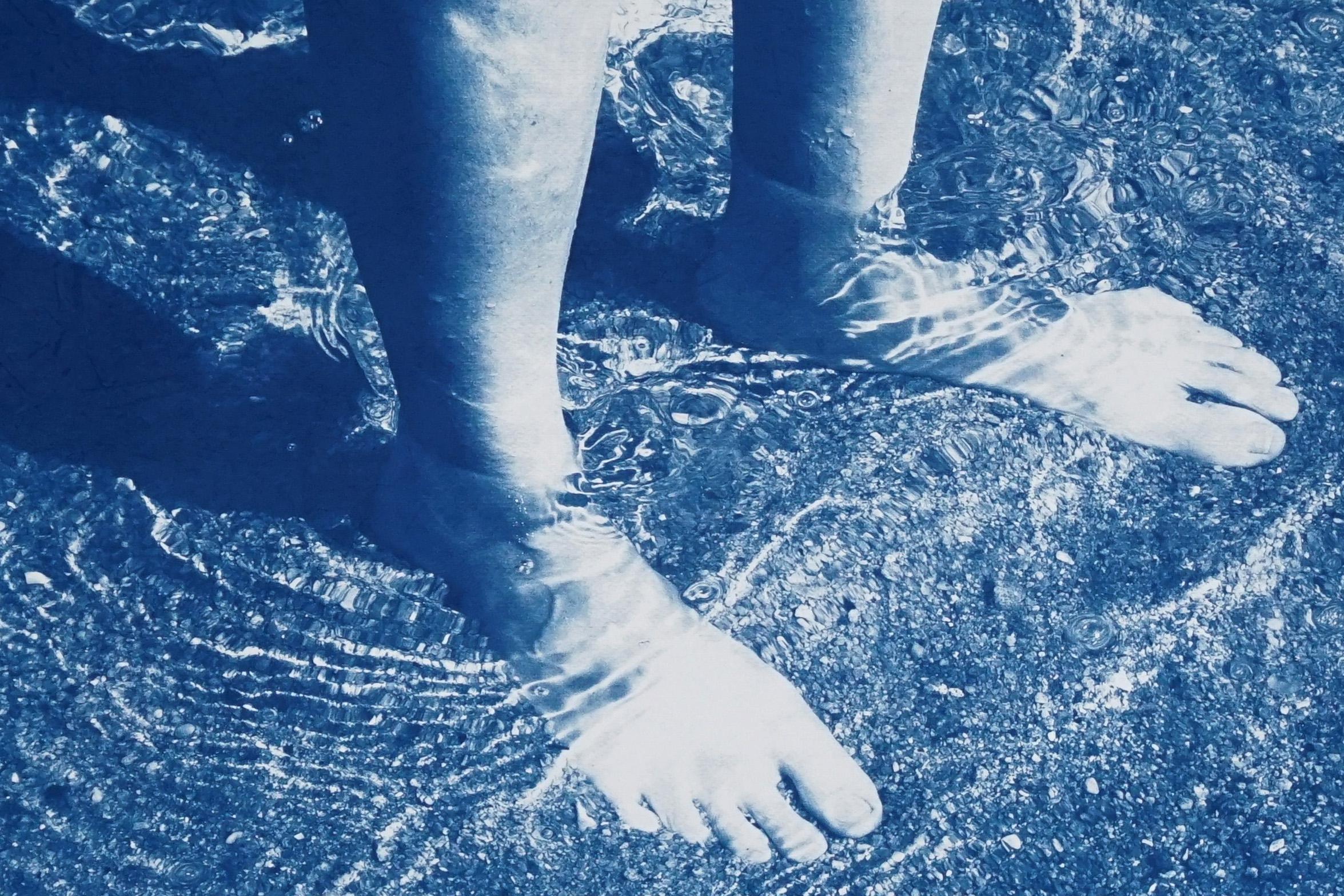 Greek Beach Bliss, Handmade Cyanotype on Watercolor Paper, Swimming Body in Blue For Sale 5