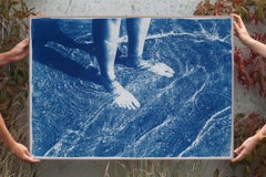 Greek Beach Bliss, Handmade Cyanotype on Watercolor Paper, Swimming Body in Blue