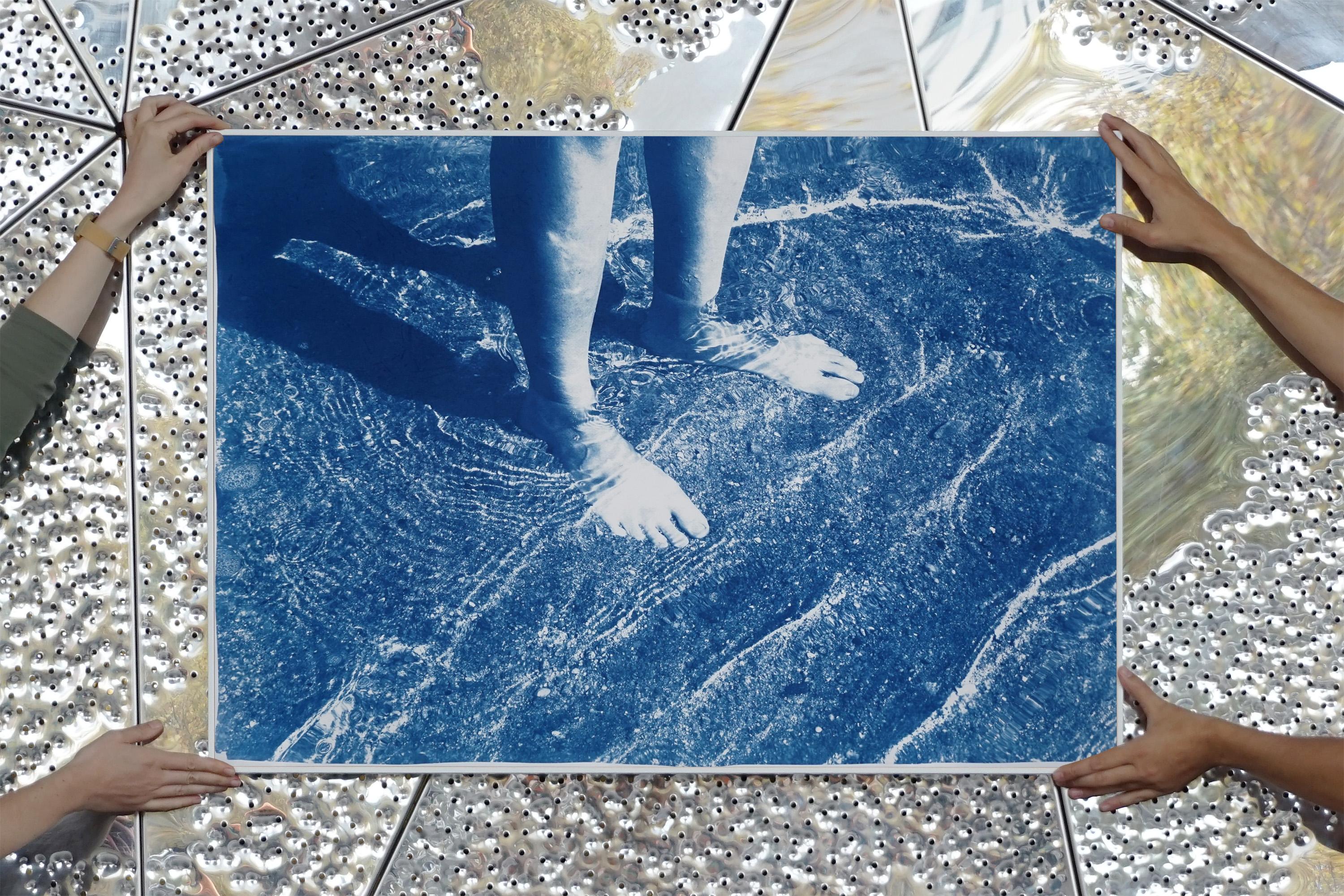 Greek Beach Bliss, Handmade Cyanotype on Watercolor Paper, Swimming Body in Blue For Sale 2