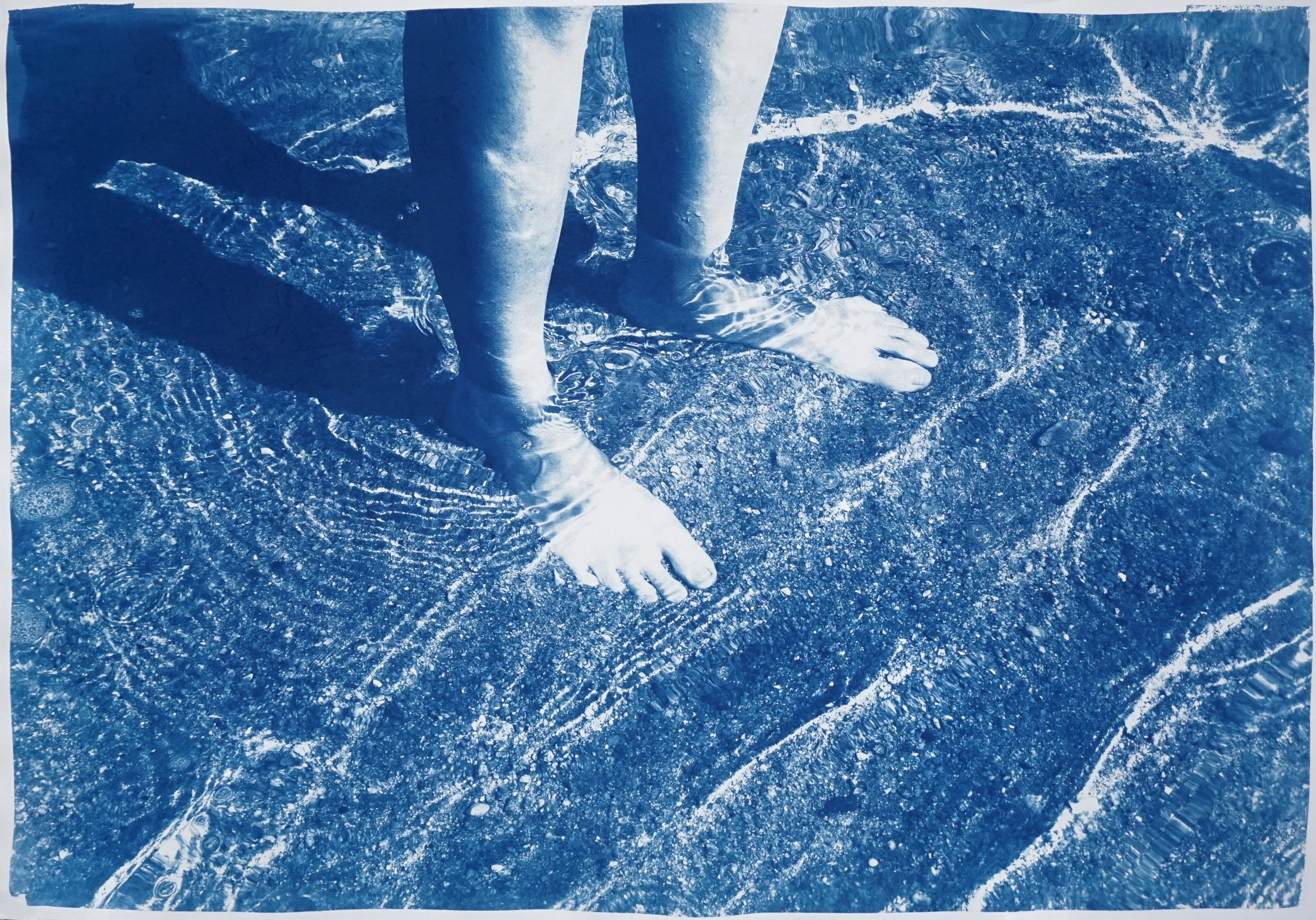 Greek Beach Bliss, Handmade Cyanotype on Watercolor Paper, Swimming Body in Blue