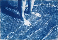 Greek Beach Bliss, Handmade Cyanotype on Watercolor Paper, Swimming Body in Blue