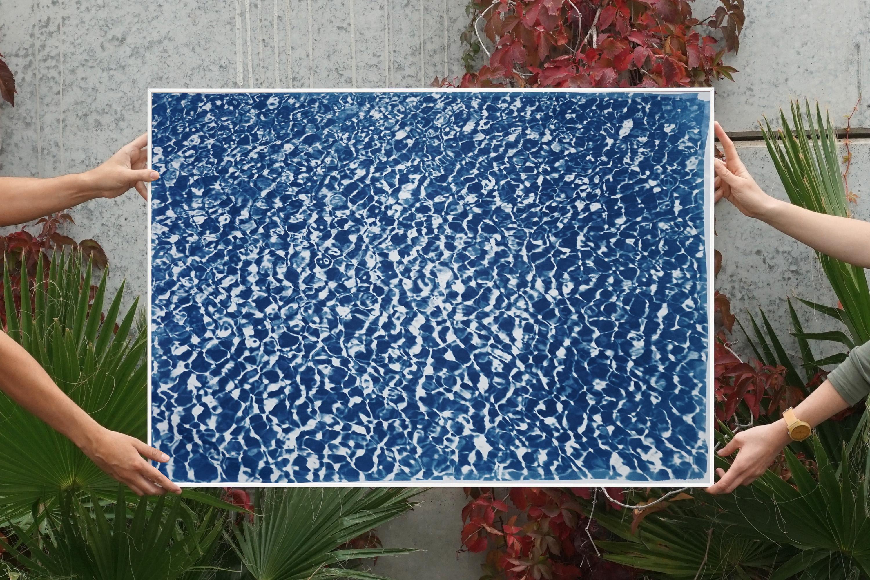 Reflections d'eau de piscine infinies, motif bleu et blanc, imprimé cyanotype fait à la main en vente 4