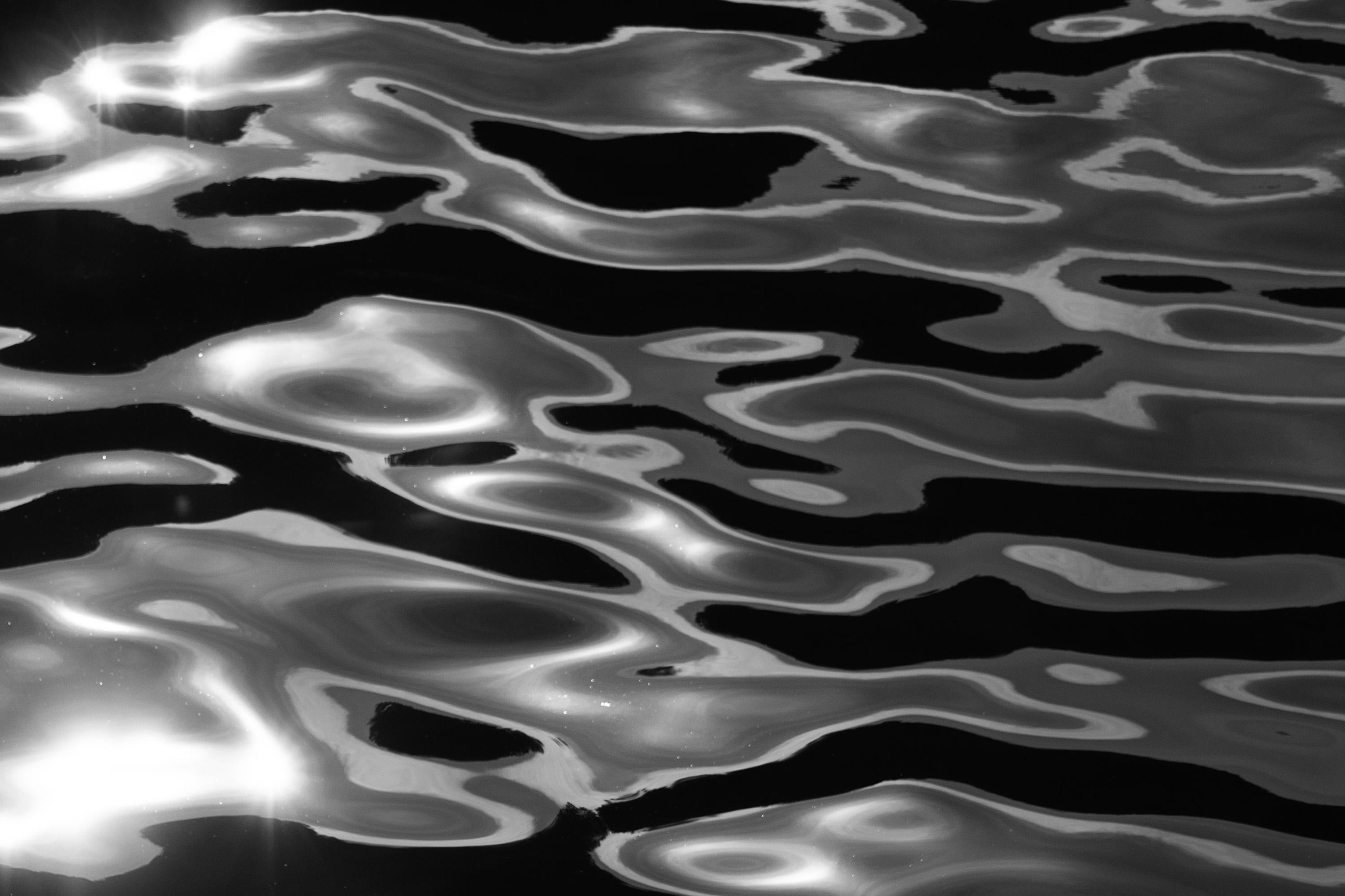  Reflections of Lido Island, Abstract Venice Waters, Large Black White Seascape For Sale 1