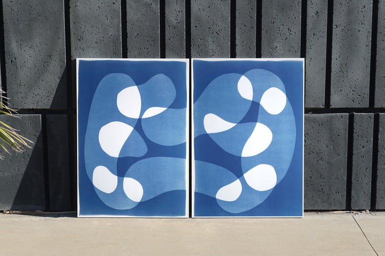 Large Diptych, Unique Piece in Blue Tones, Fish on a Hook, Abstract Shapes 2022  For Sale 2