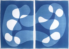 Large Diptych, Unique Piece in Blue Tones, Fish on a Hook, Abstract Shapes 2022 