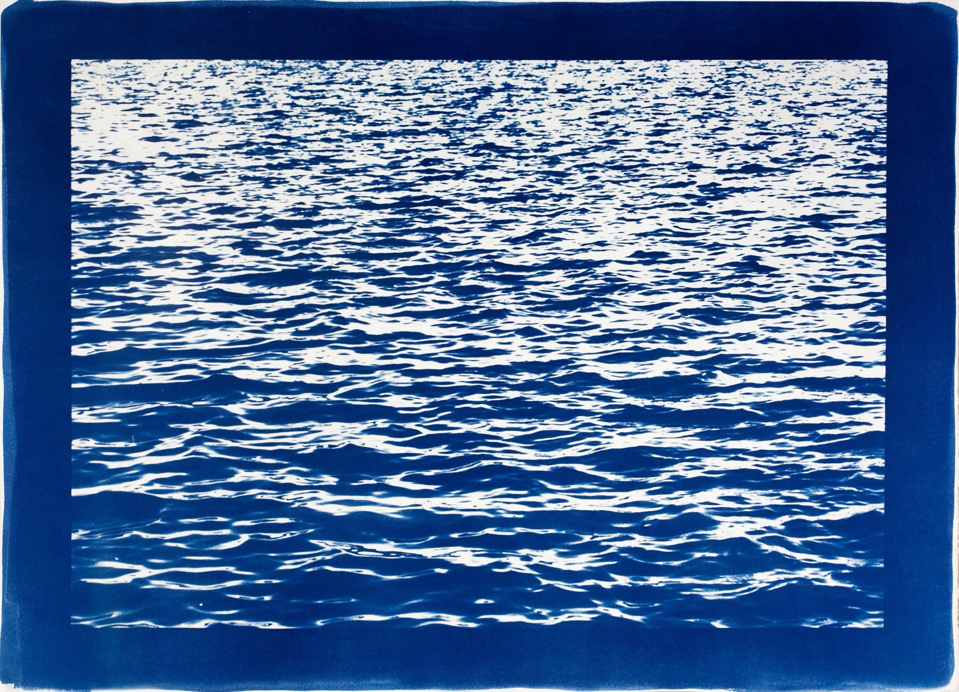 Mediterranean Blue Sea Waves, Handmade Cyanotype Print, 100x70cm, Calm Seascape