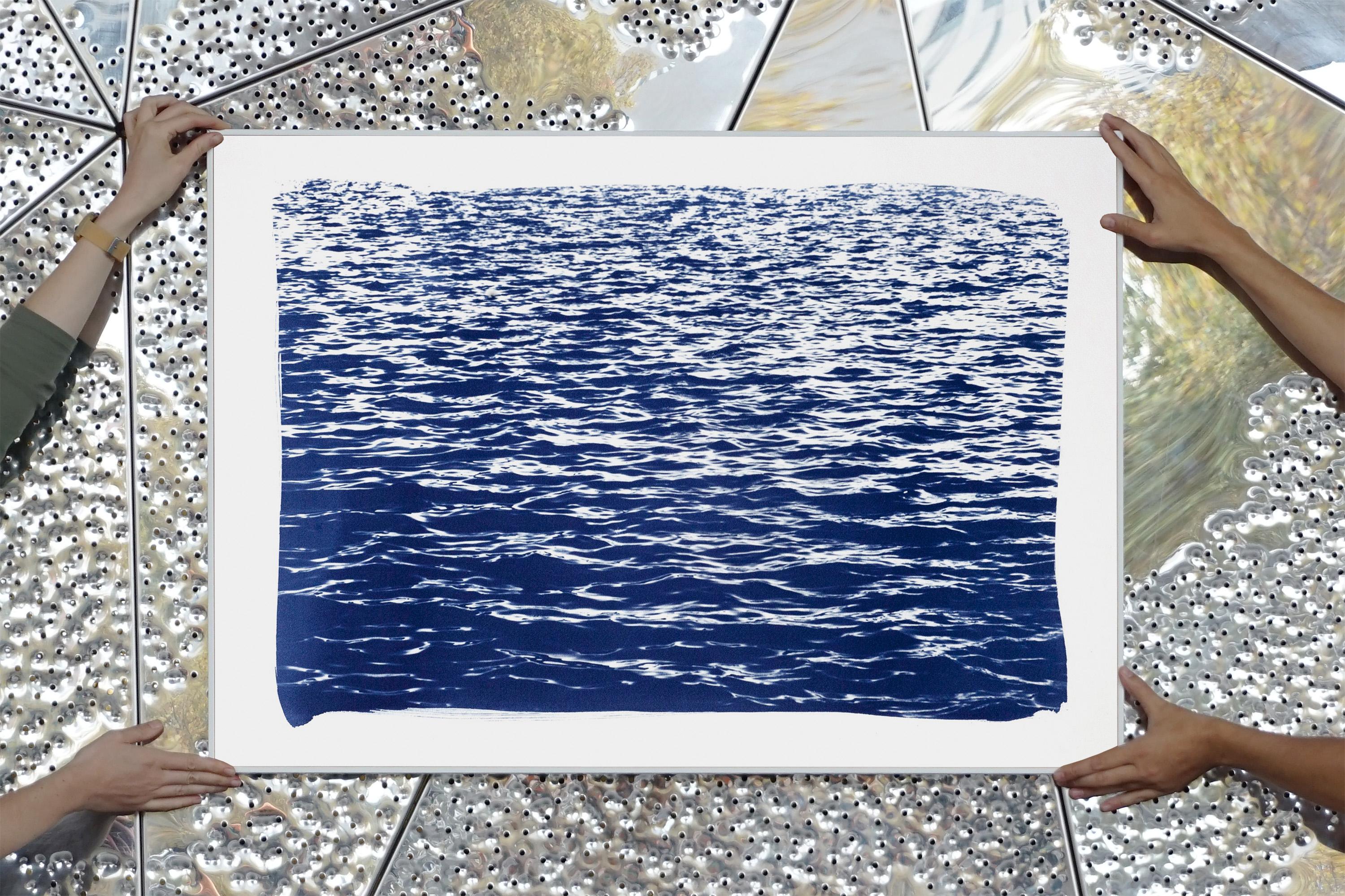 Mediterranean Seascape Cyanotype, Nautical Print of Sea Waves in Blue, Feng Shui For Sale 6