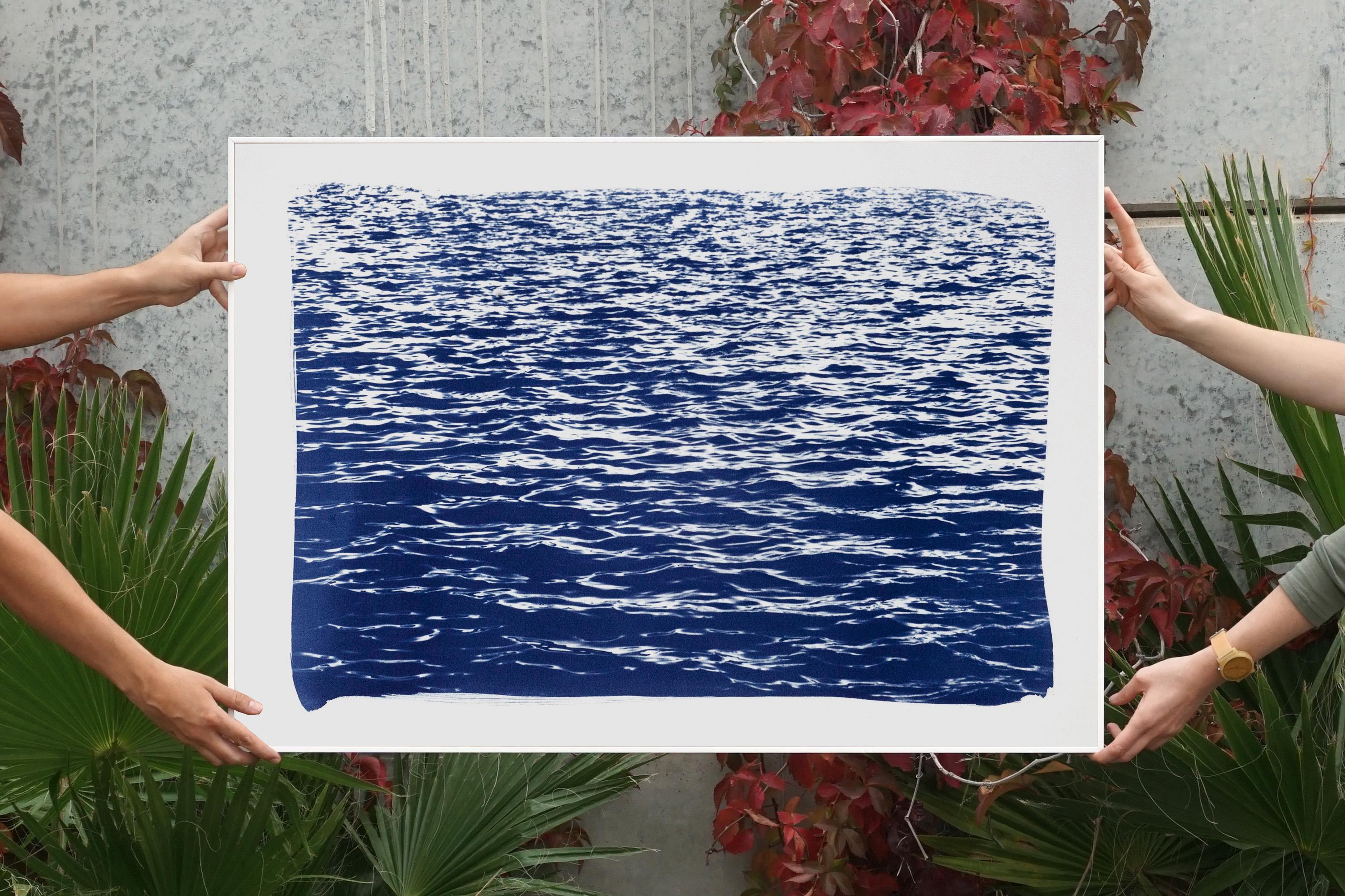 Mediterranean Seascape Cyanotype, Nautical Print of Sea Waves in Blue, Feng Shui - Gray Landscape Print by Kind of Cyan