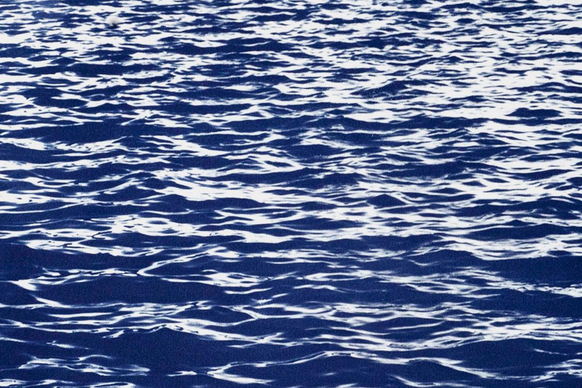 Mediterranean Seascape Cyanotype, Nautical Print of Sea Waves in Blue, Feng Shui For Sale 1