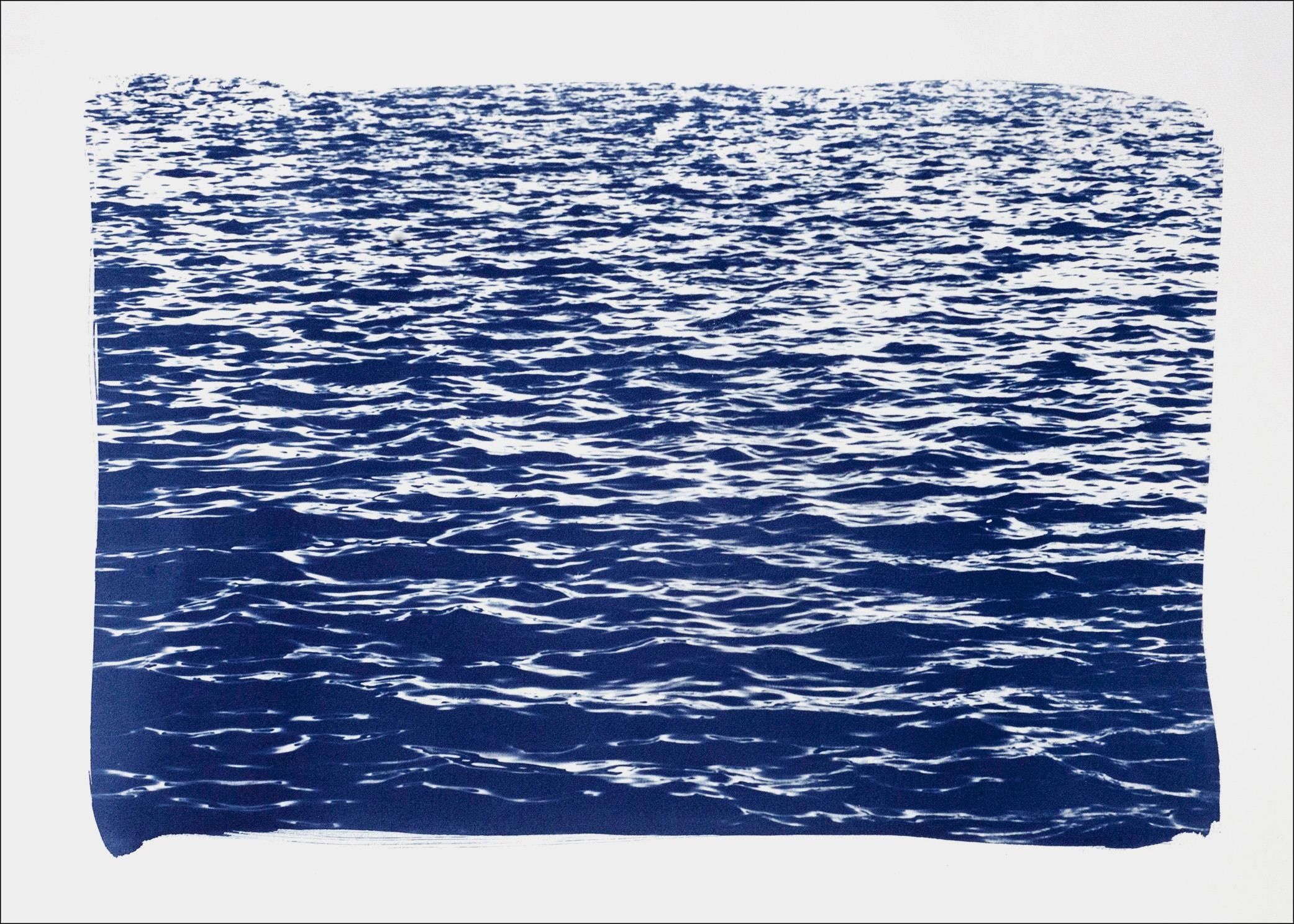 Kind of Cyan Landscape Photograph - Mediterranean Seascape Cyanotype, Nautical Print of Sea Waves in Blue, Feng Shui