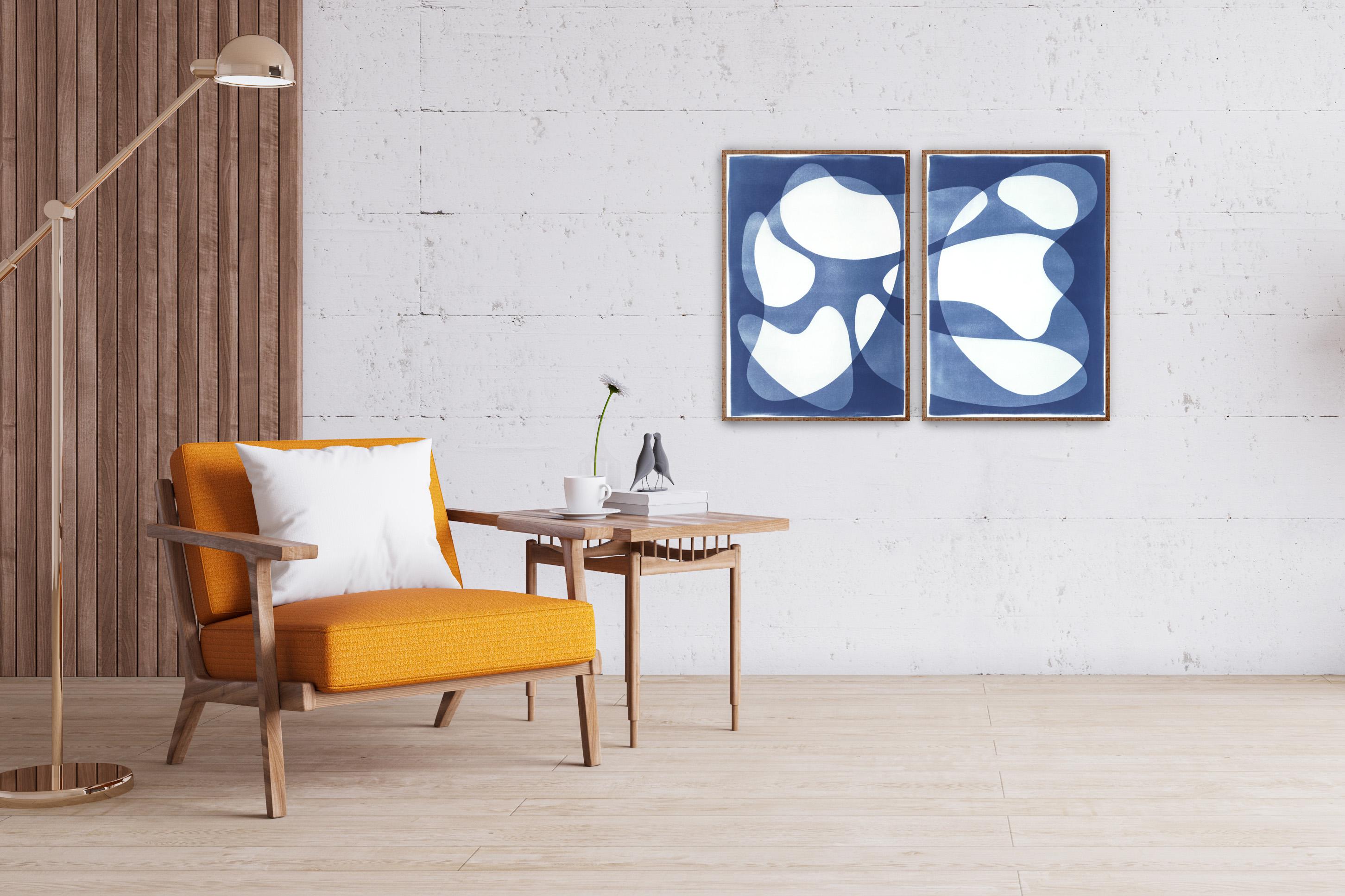 Mid-Century Movement Diptych in Blue Tones, Handmade Unique Monotype, Abstract 2