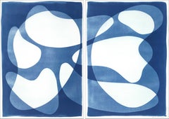 Mid-Century Movement Diptych in Blue Tones, Handmade Unique Monotype, Abstract