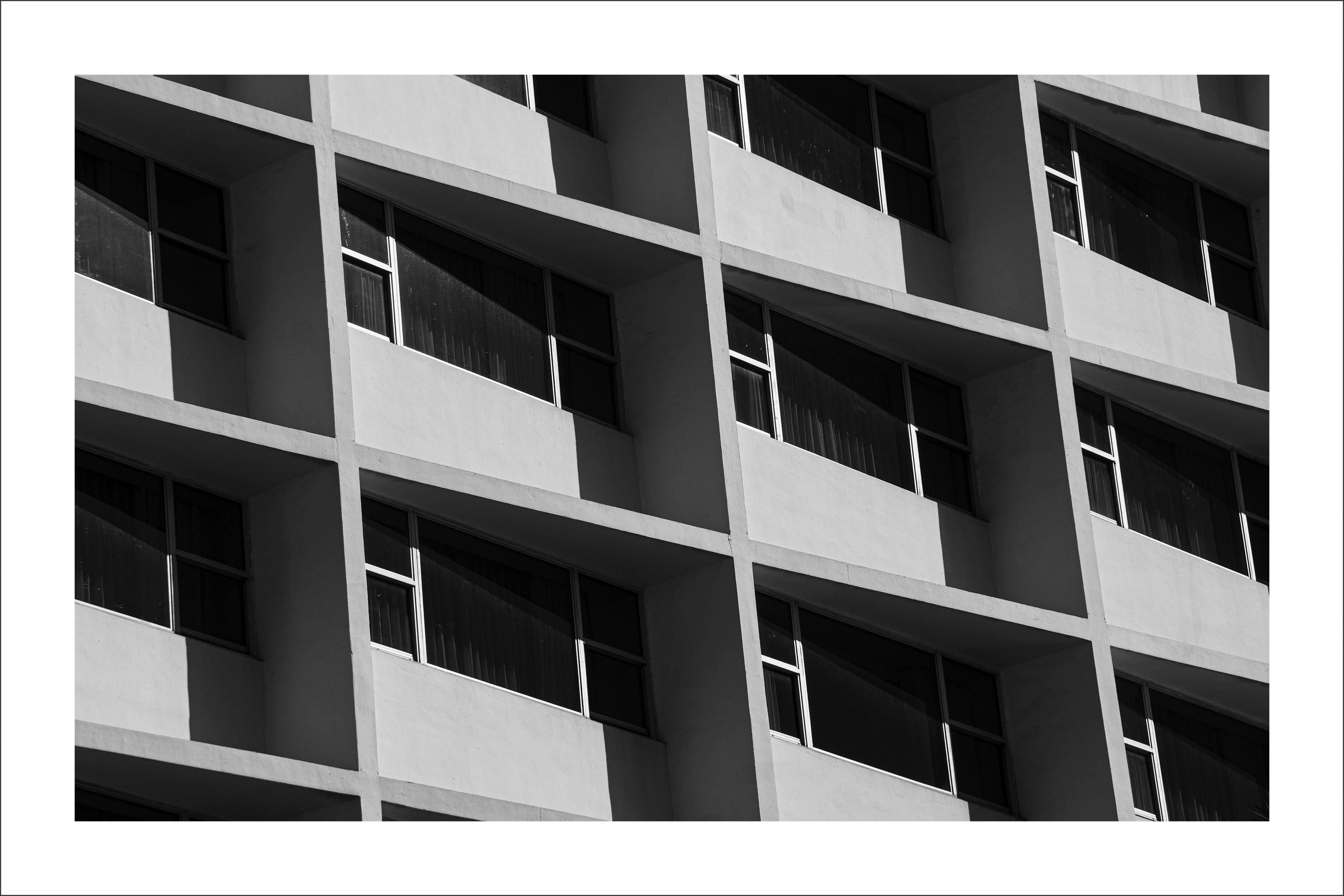 Kind of Cyan Landscape Photograph - Minimalist Architecture Grid, Black and White, Hotel Photography, Miami Pattern