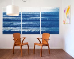 Orizzonte della spiaggia del Pacifico, trittico nautico in cianotipia, paesaggio marino bianco e blu, zen