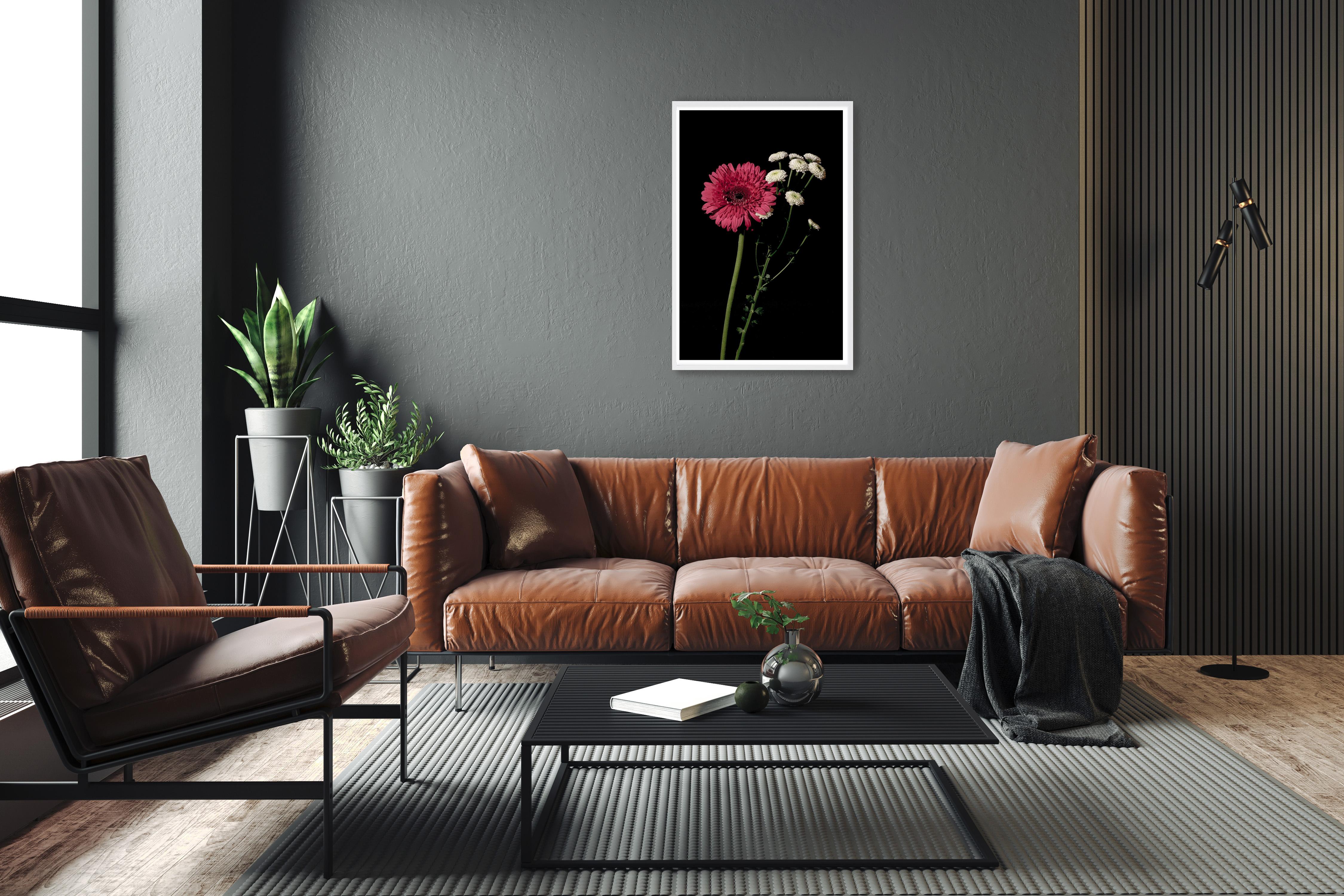Pink and White Delicate Flowers, Black Background, Bright Elegant Giclée Print For Sale 3