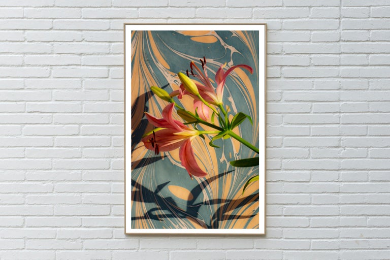 Pink Lilies on Marble Swirls, Contemporary Still Life Giclée Print, Soft Light - Photograph by Kind of Cyan