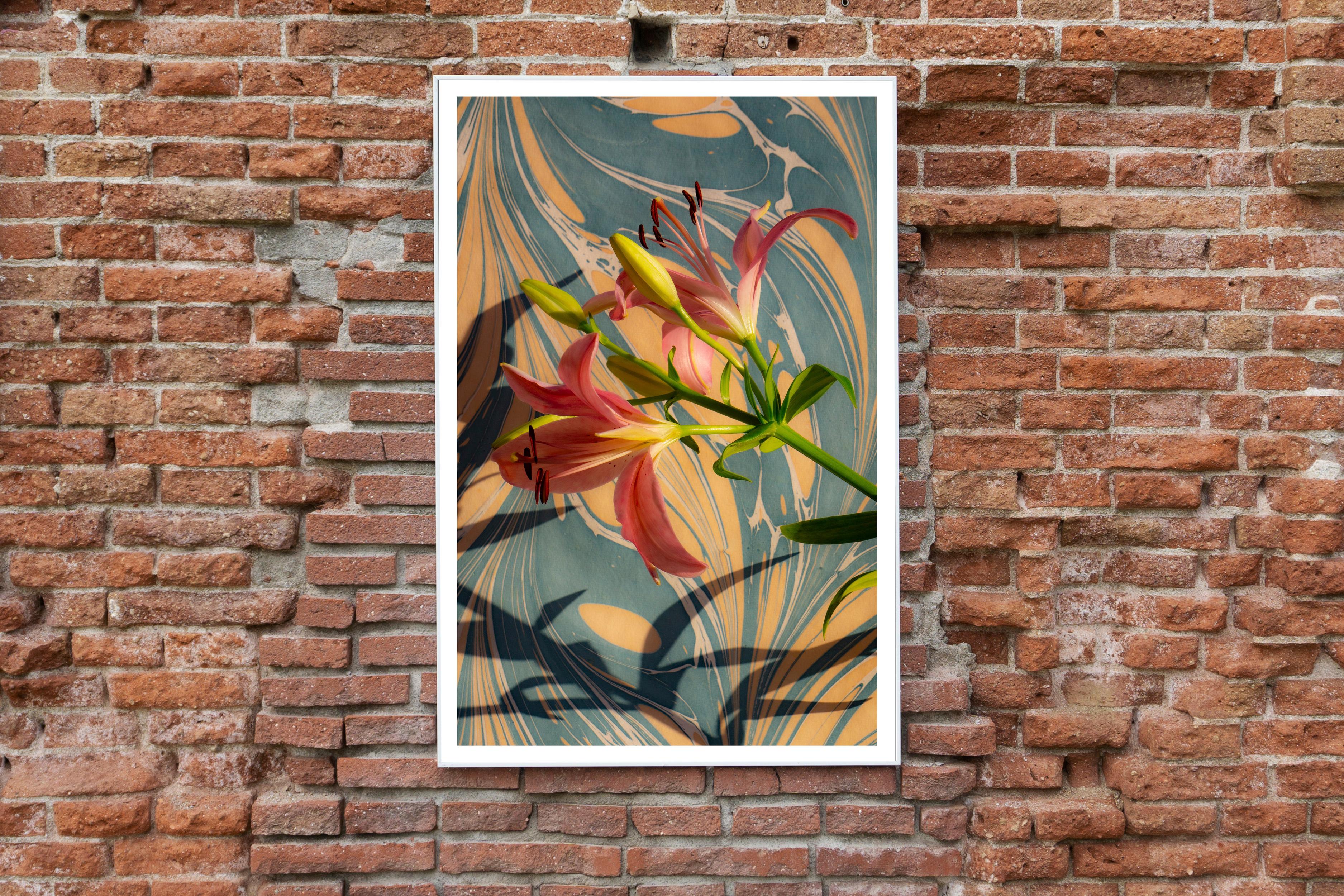Lirios Rosas sobre Espirales de Mármol, Impresión Giclée de Bodegón Contemporáneo, Luz Suave en venta 1