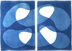 Pod of Whales, Handmade Unique Monotype Diptych on Watercolor Paper, Blue Tones