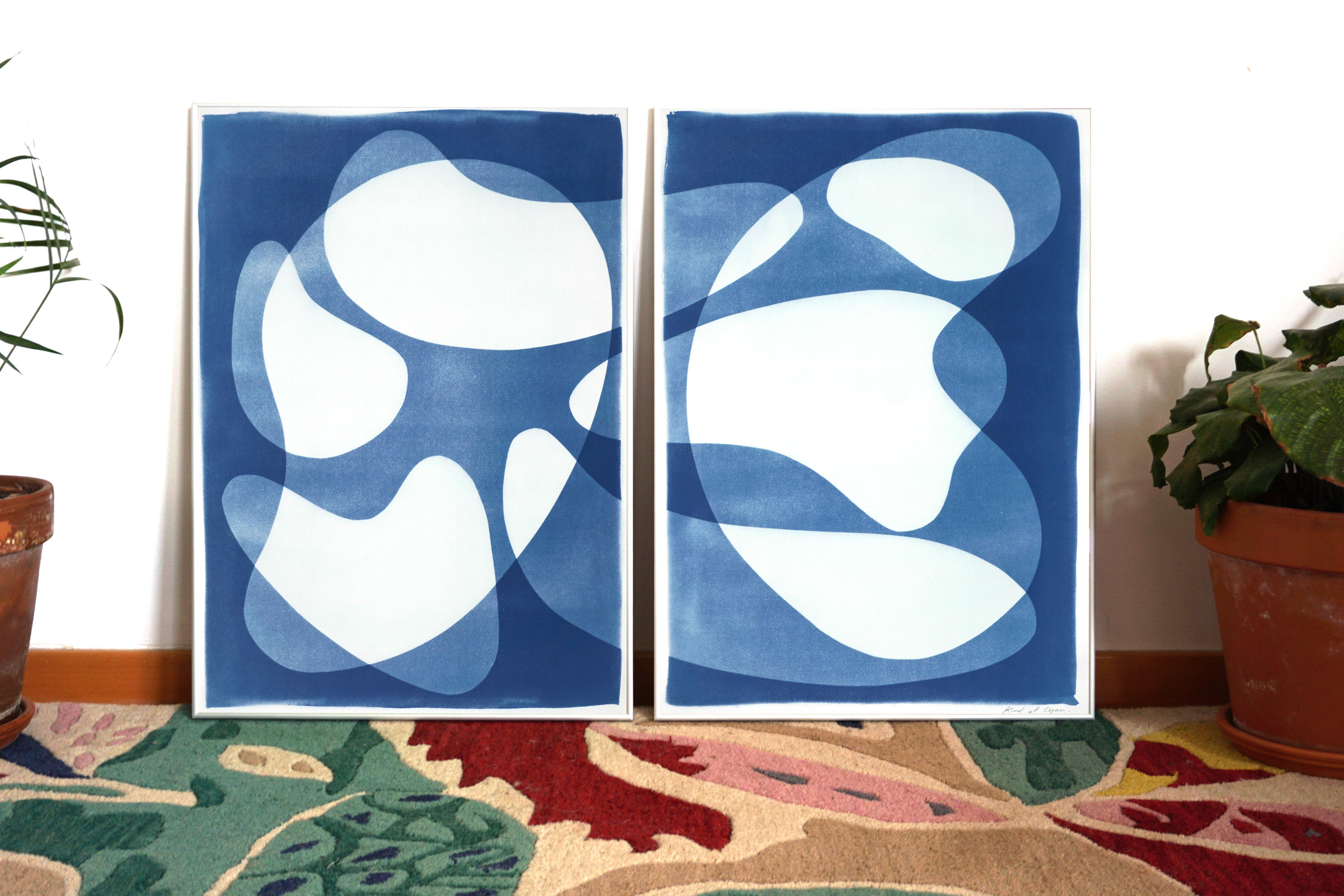 Layered Kidney Beans, Unique Monotype Cyanotype, Blue Abstract Shapes Diptych  3