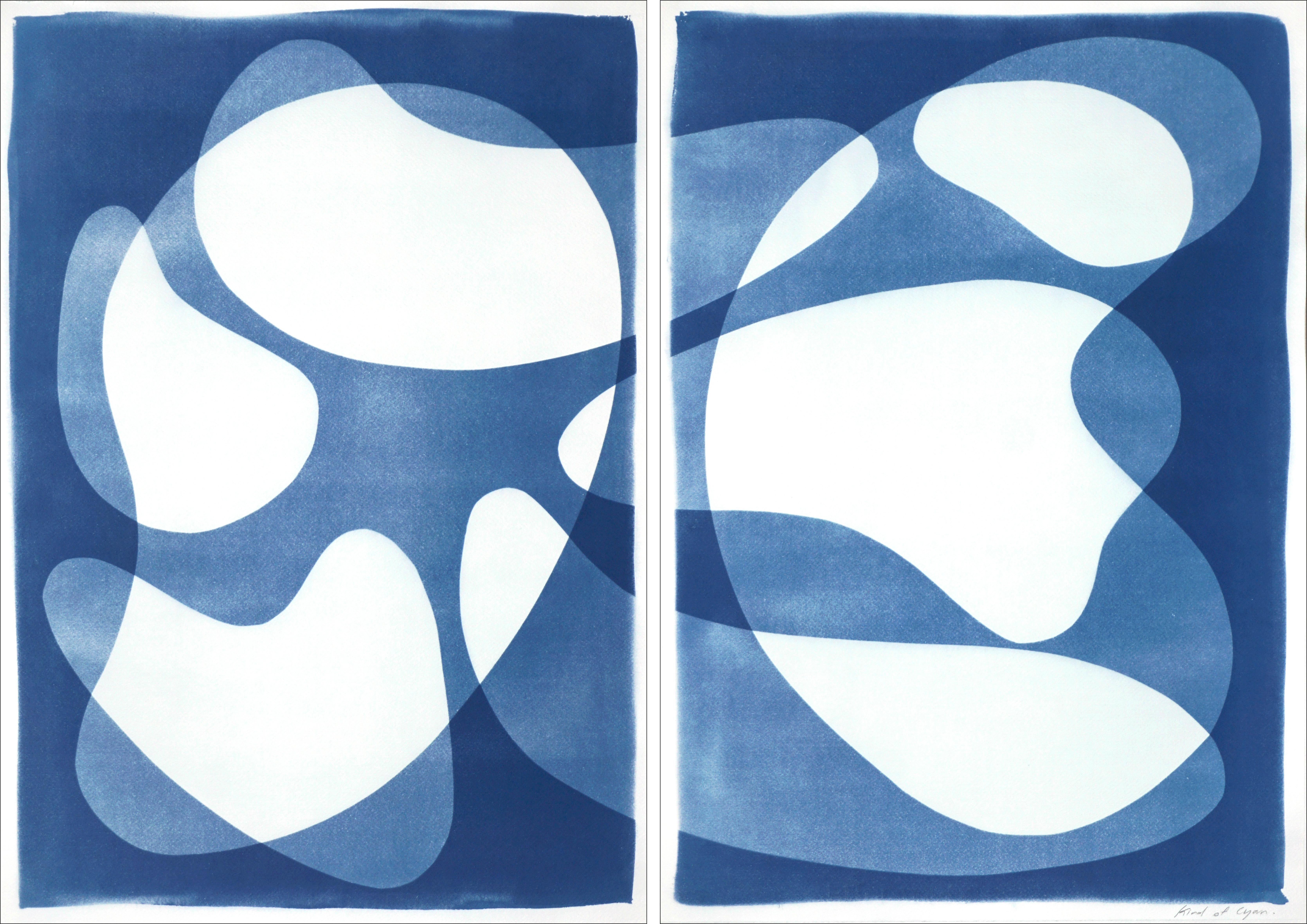 Kind of Cyan Abstract Print - Layered Kidney Beans, Unique Monotype Cyanotype, Blue Abstract Shapes Diptych 