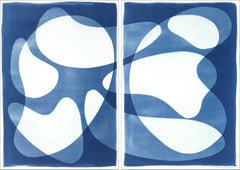 Layered Kidney Beans, Unique Monotype Cyanotype, Blue Abstract Shapes Diptych 