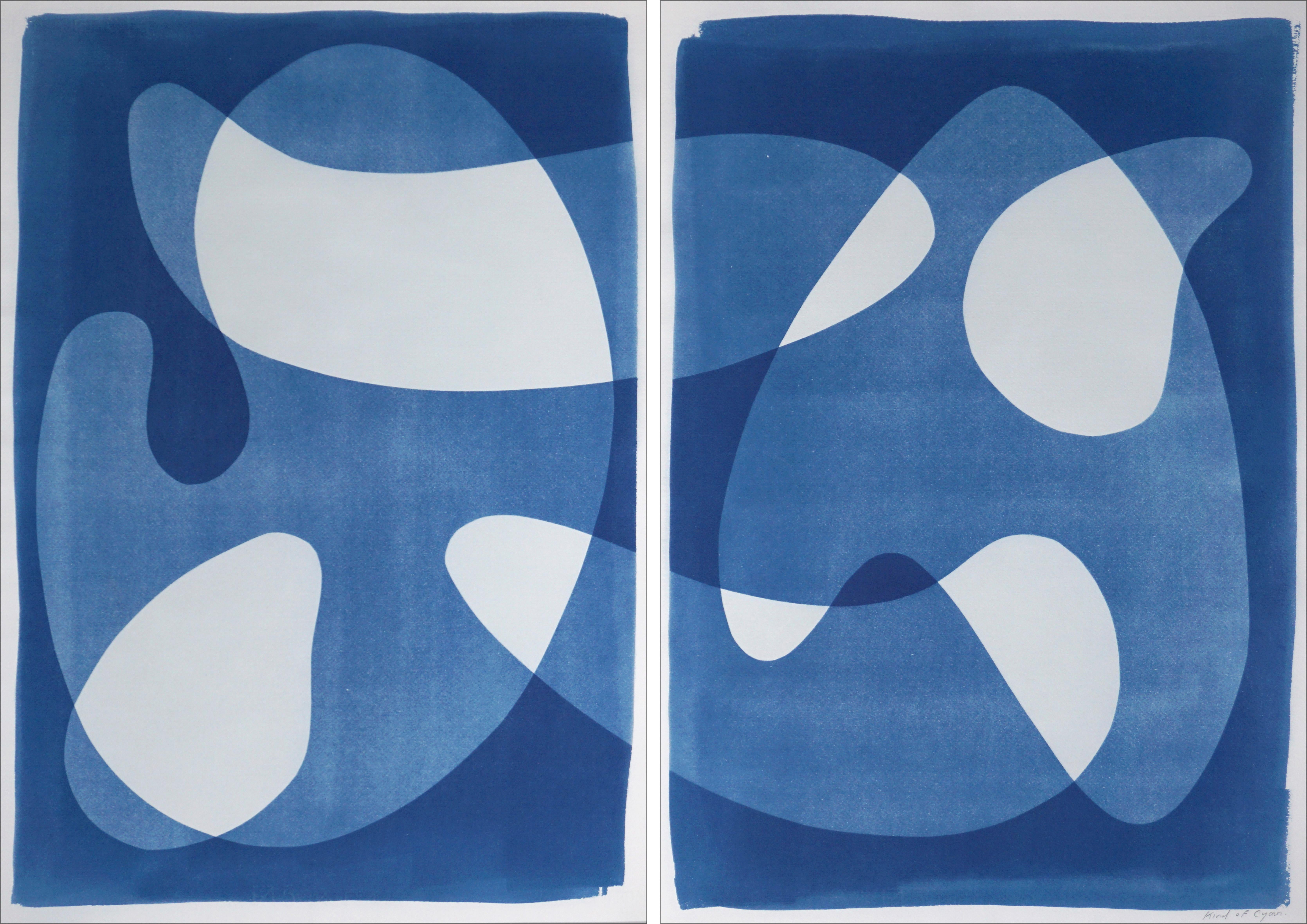 Kind of Cyan Abstract Print - Positive Versus Negative, Mid-Century Shapes Blue Tones Cyanotype Print Diptych